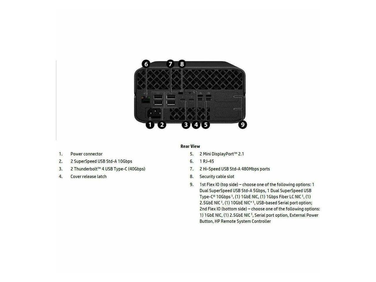 6 7 8 1 2 3 4 5 9 Rear View

1. Power connector
2. 2 SuperSpeed USB Std-A 10Gbps
3. 2 Thunderbolt 4 USB Type-C (40Gbps)
4. Cover release latch

5. 2 Mini DisplayPort 2.1
6. 1 RJ-45
7. 2 Hi-Speed USB Std-A 480Mbps ports
8. Security cable slot

9. 1st Flex 10 (top side) choose one of the following options:
   - 1 Dual SuperSpeed USB Std-A 5Gbps, 1 Dual SuperSpeed USB Type-C 10Gbps, 1 1GbE NIC, 1 1Gbps Fiber LC NIC, 1 2.5GbE NIC, 1 10GbE NIC*, USB-based Serial port option;
   - 2nd Flex 10 (bottom side) choose one of the following options:
     - 1 1GbE NIC, 1 2.5GbE NIC, Serial port option, External Power Button, HP Remote System Controller
