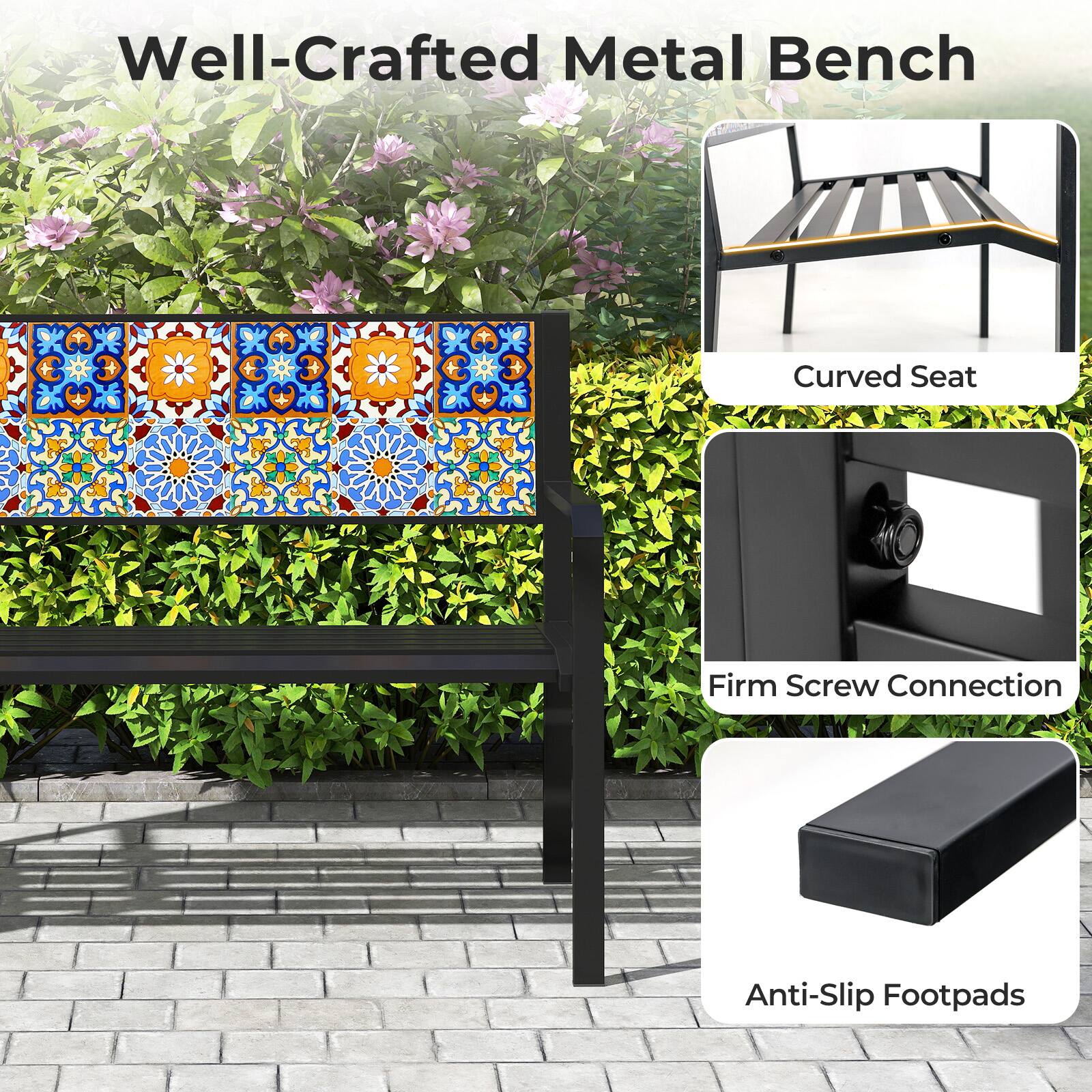 Well-Crafted Metal Bench

- Curved Seat
- Firm Screw Connection
- Anti-Slip Footpads