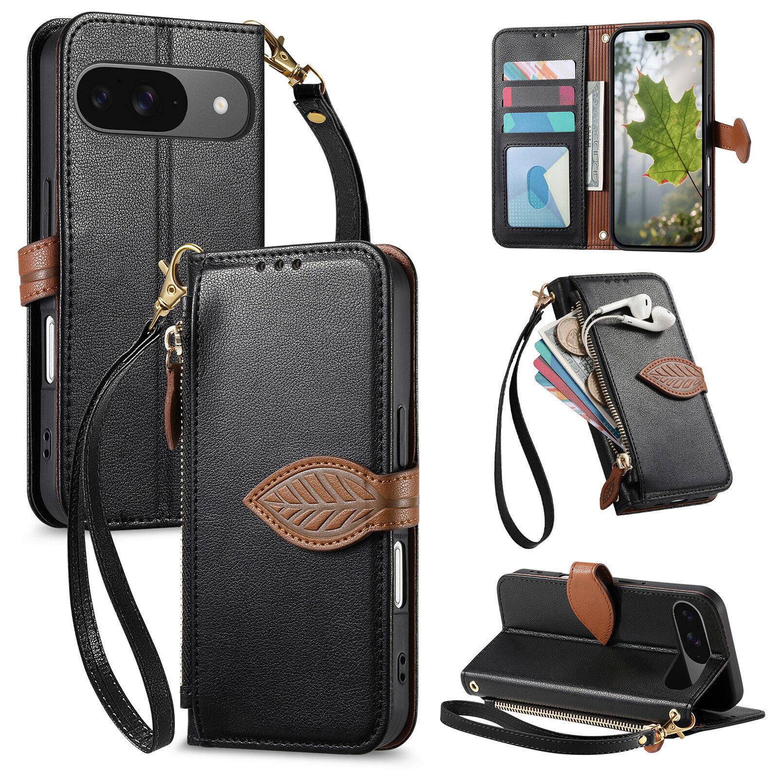 Front. Dteck - for Google Pixel 10 /10 Pro Wallet Case,PU Leather Flip Zipper Card Slot Leaf-Buckle Shockproof Cover with Wrist Strap - Black.