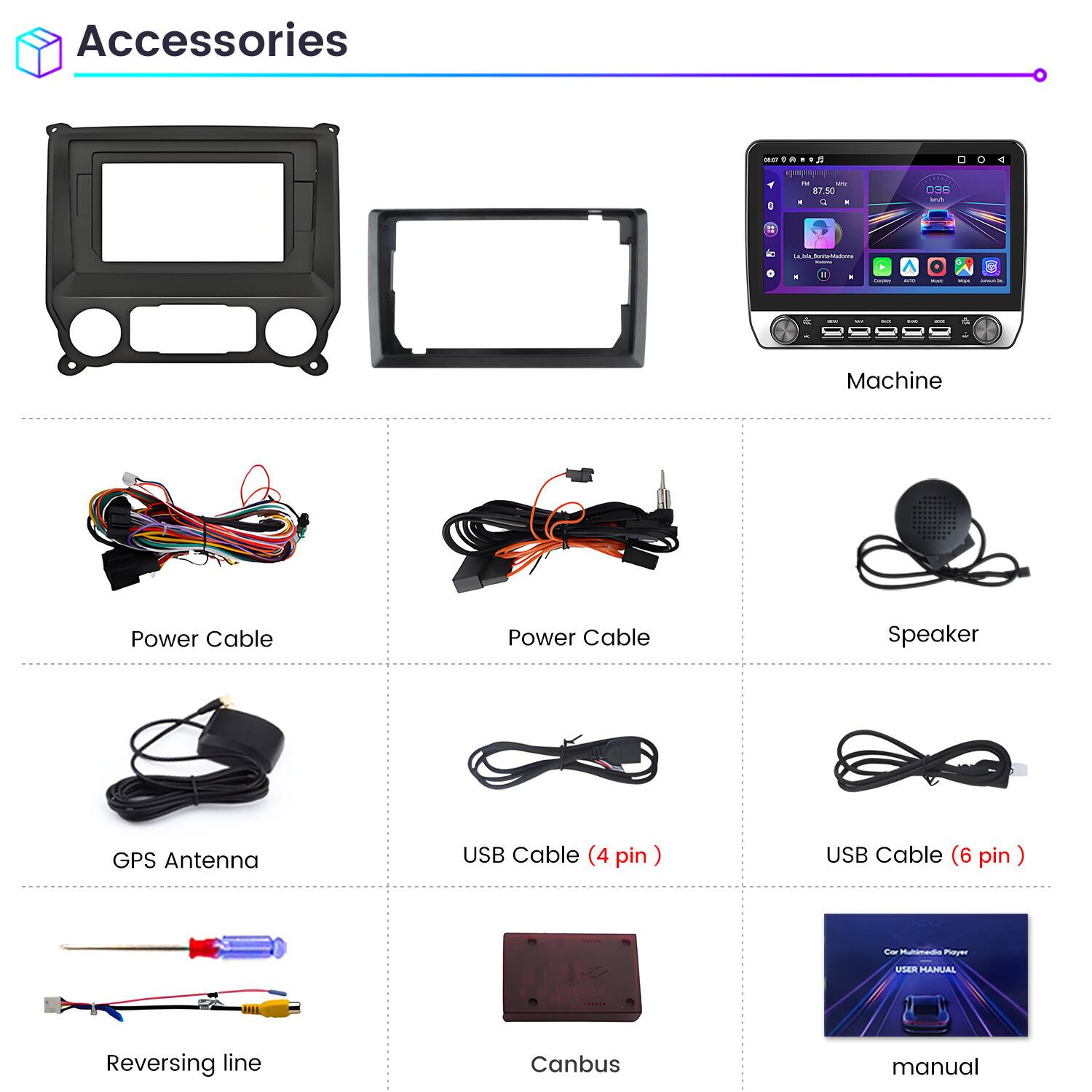 Accessories

- Machine
- Power Cable
- Power Cable
- Speaker
- GPS Antenna
- USB Cable (4 pin)
- USB Cable (6 pin)
- Reversing line
- Canbus
- Manual