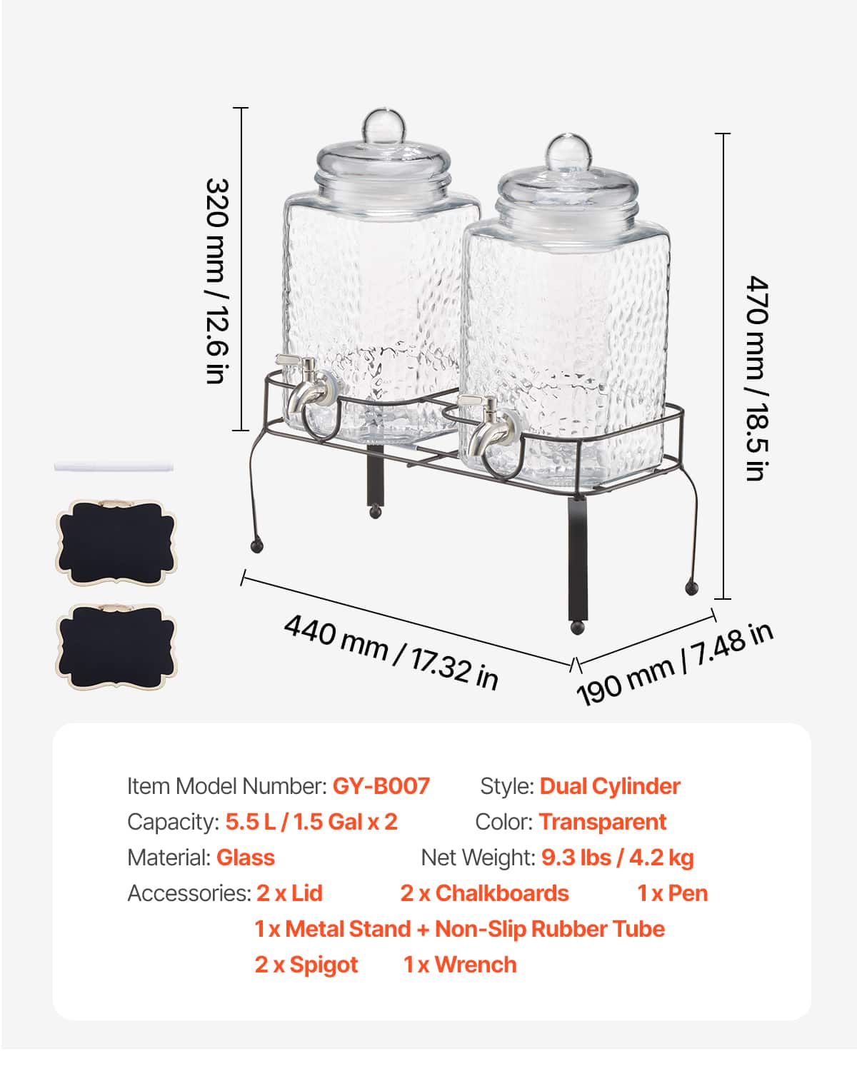 VEVOR - Beverage Dispenser, 2 Pack 1.5 Gallon Drink Dispensers for Parties, Glass Juice Dispenser with Metal Stand - Transparent - Thumbnail 4