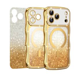 Dteck - Magnetic 2 in 1 Bling Glitter Paper Curly Wavy Edge Case for iPhone 18 Pro Max, Shockproof Clear PC Back TPU Cover - Gold