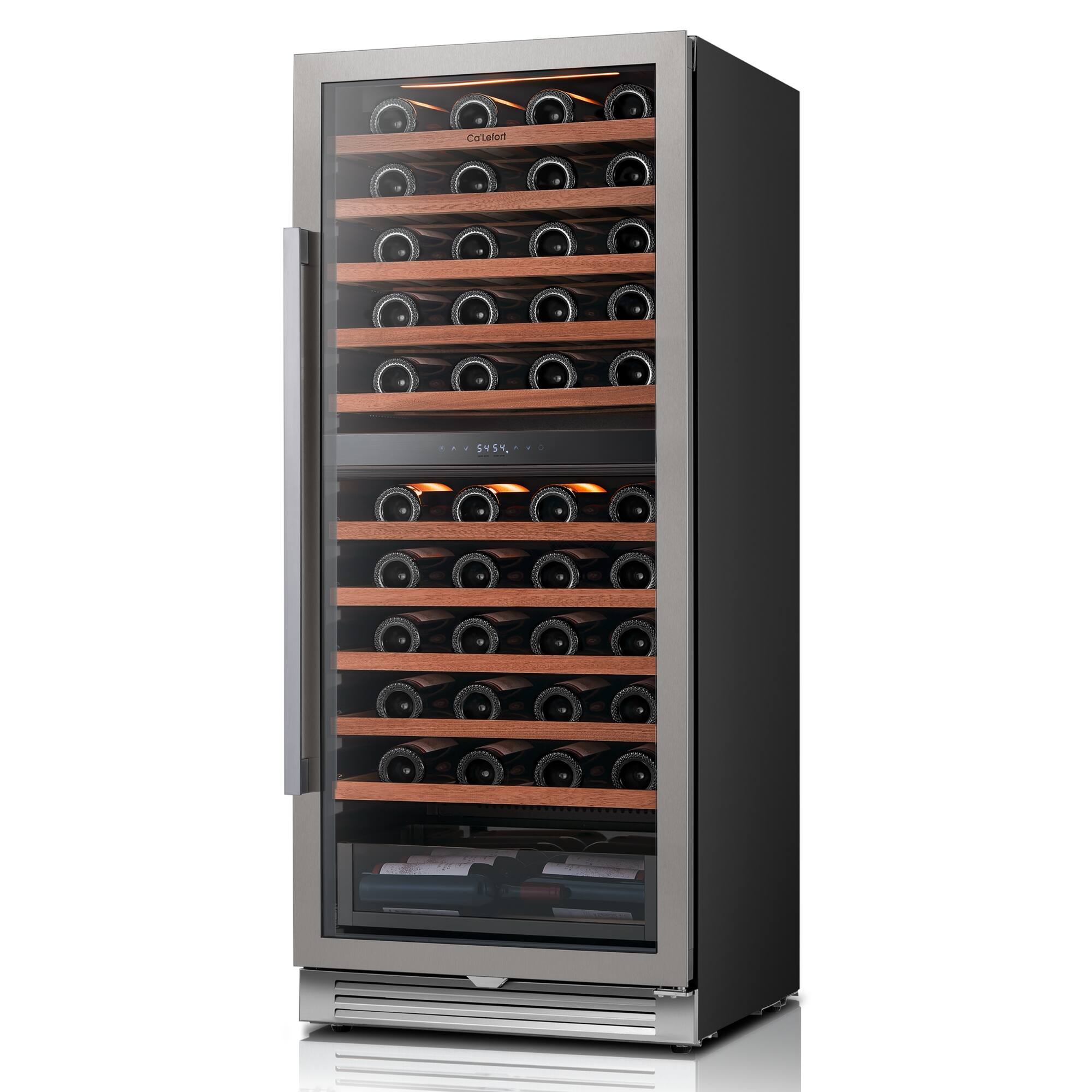 Angle. Ca'Lefort - 24 inch 90-Bottle Dual Zone Wine Cooler | Freestanding/Built-In | 3-Color LED Light | For Home Bar & Office - Stainless Steel.