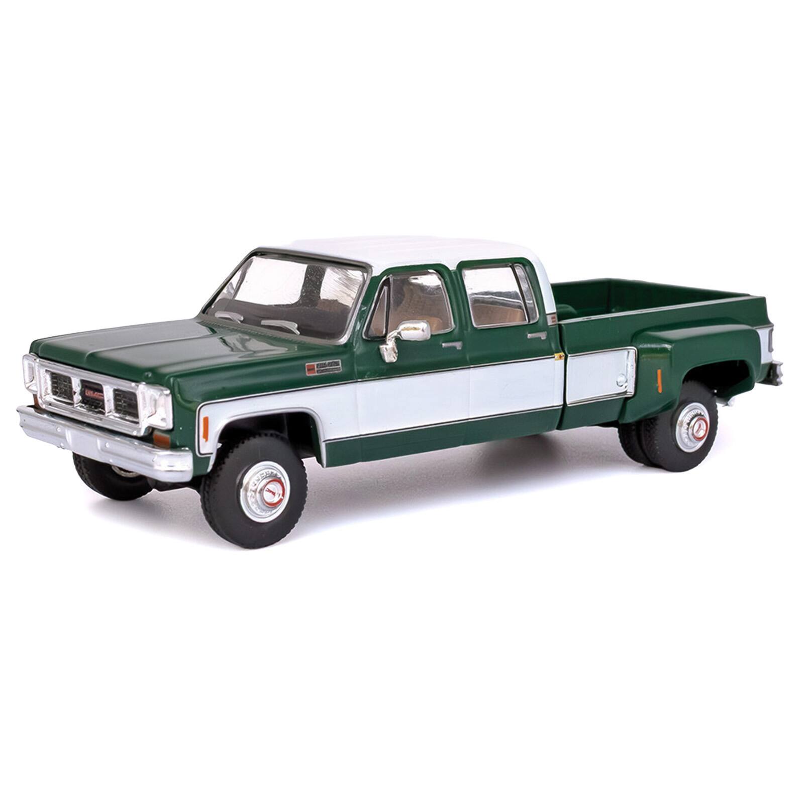 Alt View 1. IXO - 1973 GMC Sierra Grande 3500 Crew Cab Dually Pickup Truck Green and White 1/64 Diecast Model by IXO Models.