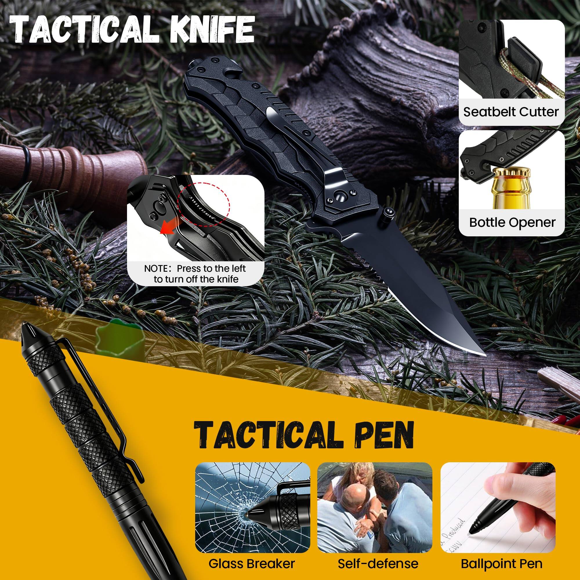 **TACTICAL KNIFE**

- Seatbelt Cutter
- Bottle Opener
- NOTE: Press to the left to turn off the knife

**TACTICAL PEN**

- Glass Breaker
- Self-defense
- Ballpoint Pen
