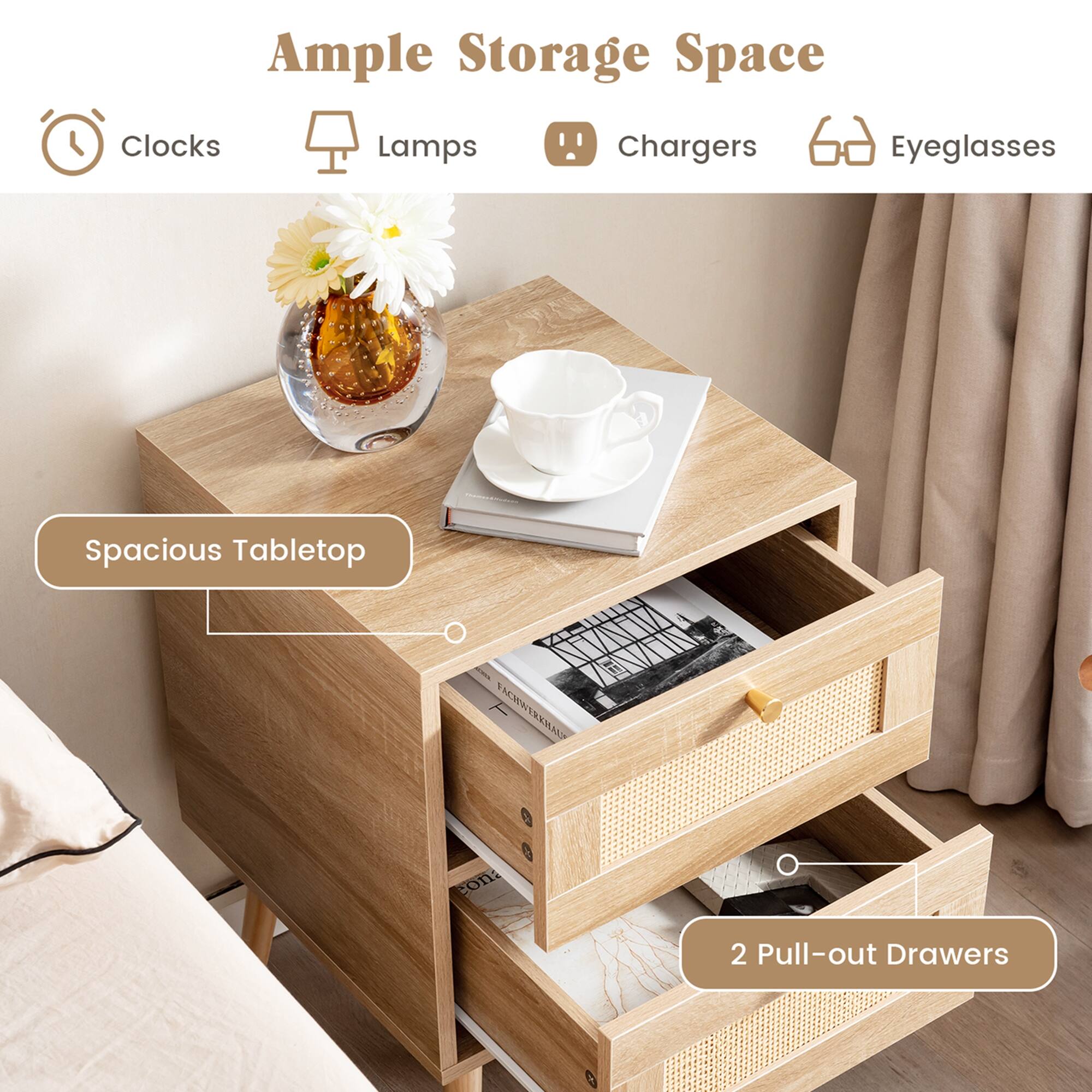 Ample Storage Space Clocks Lamps Chargers Eyeglasses Spacious Tabletop - 2 Pull-out Drawers
