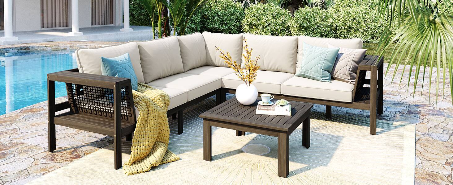 Alt View 9. Siljoy - 4-Piece L-Shaped Acacia Wood Patio Sofa Set, Mesh Armrests, Coffee & Side Tables, Beige Cushions - White.