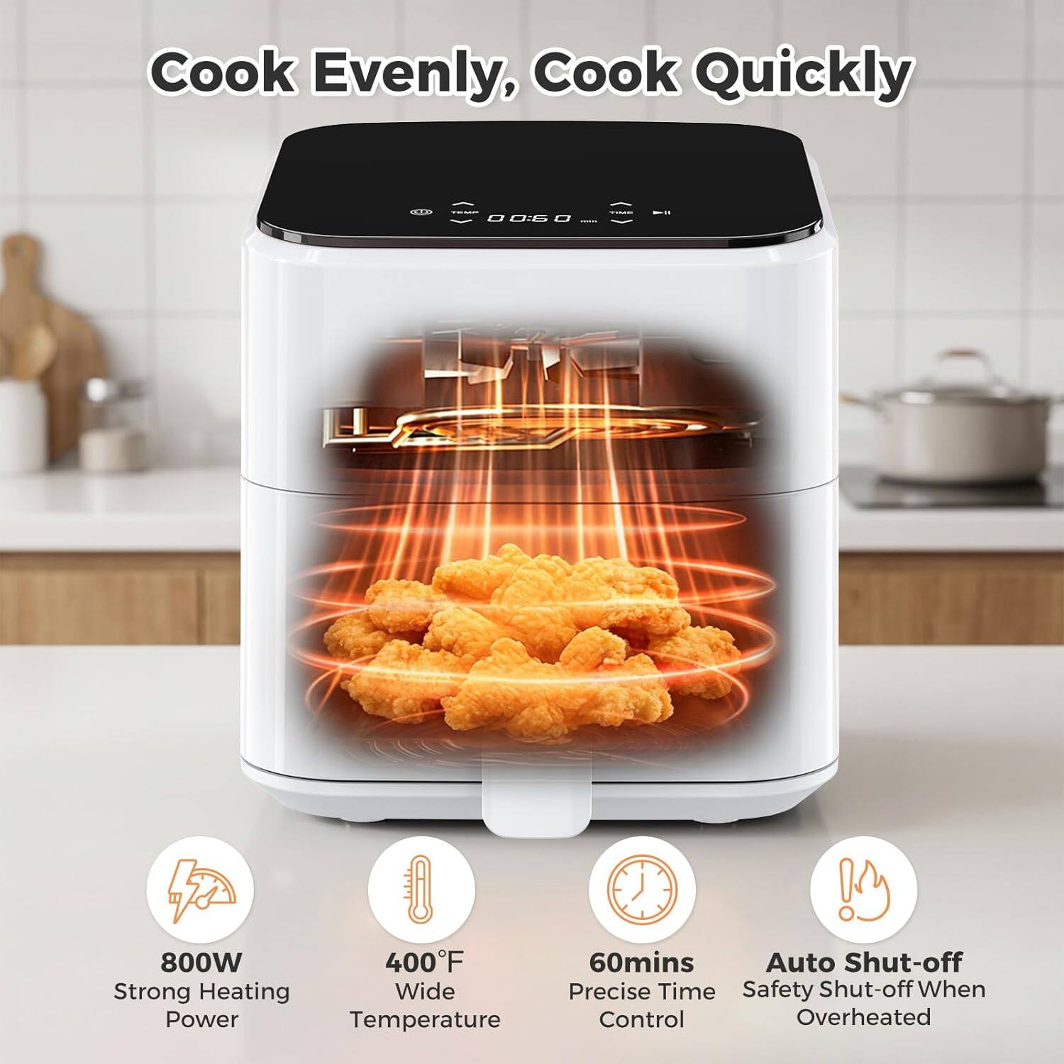 Cook Evenly, Cook Quickly

- 800W
- 400°F
- 60mins
- Auto Shut-off
- Strong Heating
- Wide Temperature
- Precise Time Control
- Safety Shut-off When Overheated