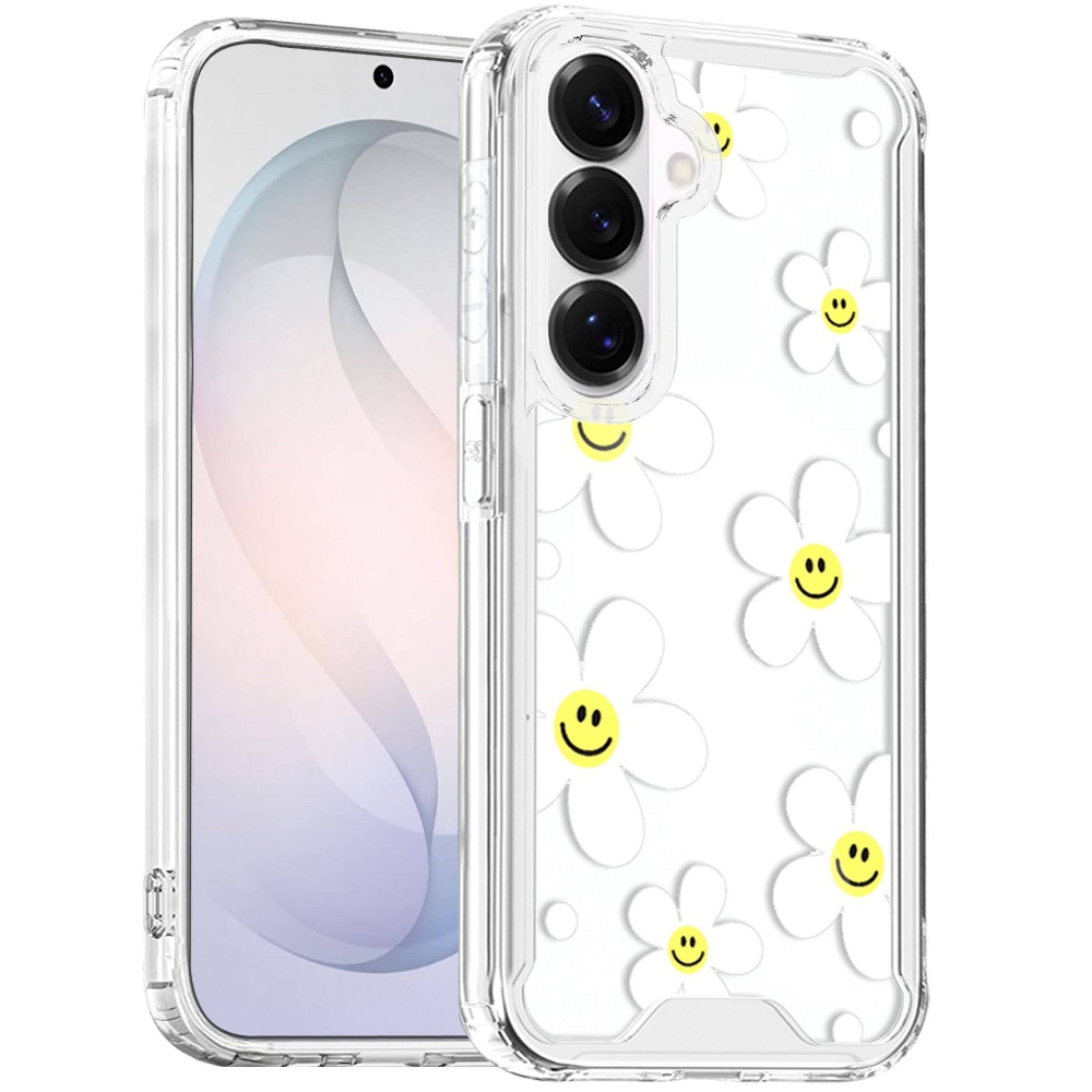 Angle. Kitcheniva - Cute Print Design On Clear TPU Cover Plus Tempered Glass For Samsung S26 FE White Daisies - Multicolor.