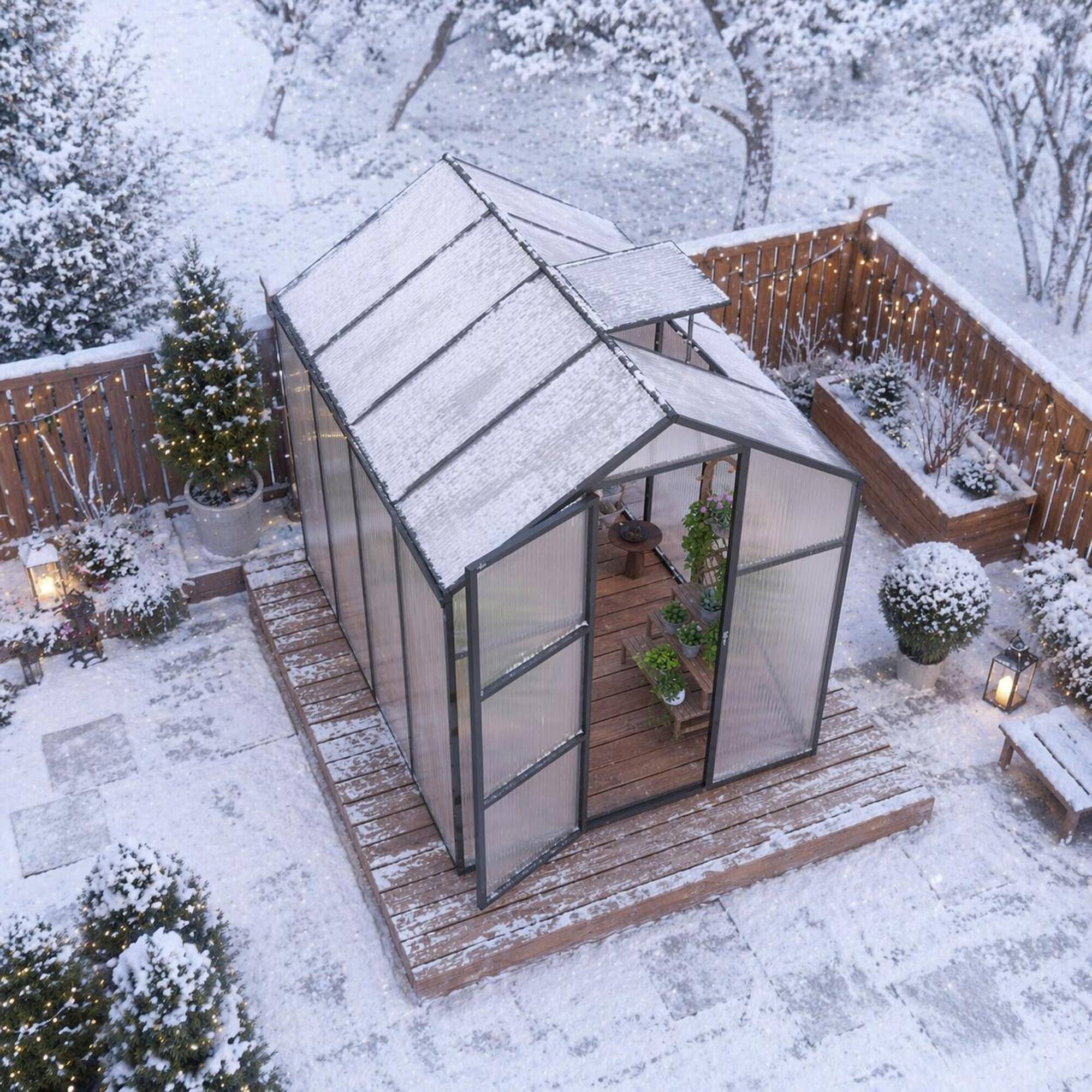 Back. RYHNUYNE - 6 x 8 ft Walk-in Polycarbonate Greenhouse, Heavy Duty Aluminum Frame, Raised Base, Anchor Kit, All Season.
