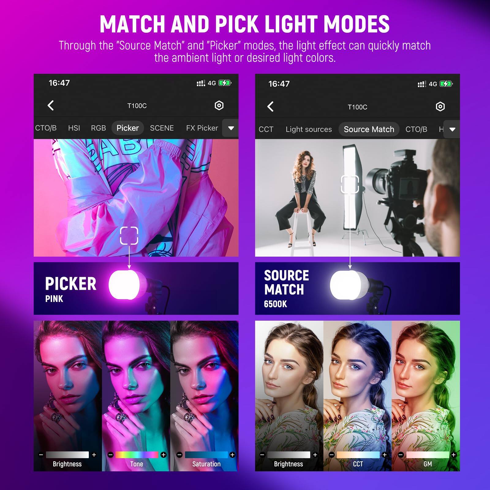 MATCH AND PICK LIGHT MODES

Through the "Source Match" and "Picker" modes, the light effect can quickly match the ambient light or desired light colors.

16:47 4G

T100C

CTO/B HSI RGB Picker SCENE FX Picker

CCT Light sources Source Match CT/B H

PICKER PINK

SOURCE MATCH 6500K

Brightness + Tone Saturation

Brightness CCT GM