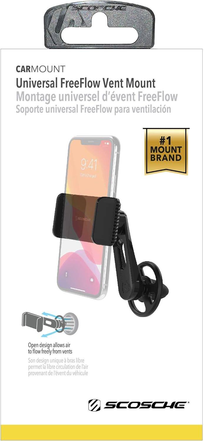 CAR MOUNT  
Universal FreeFlow Vent Mount  
Montage universel d'event FreeFlow  
Soporte universal FreeFlow para ventilación  

#1 MOUNT BRAND  

Open design allows air to flow freely from vents  
Son design unique à bras libre permet la libre circulation de l'air provenant de l'event du véhicule  

SCOSCHE
