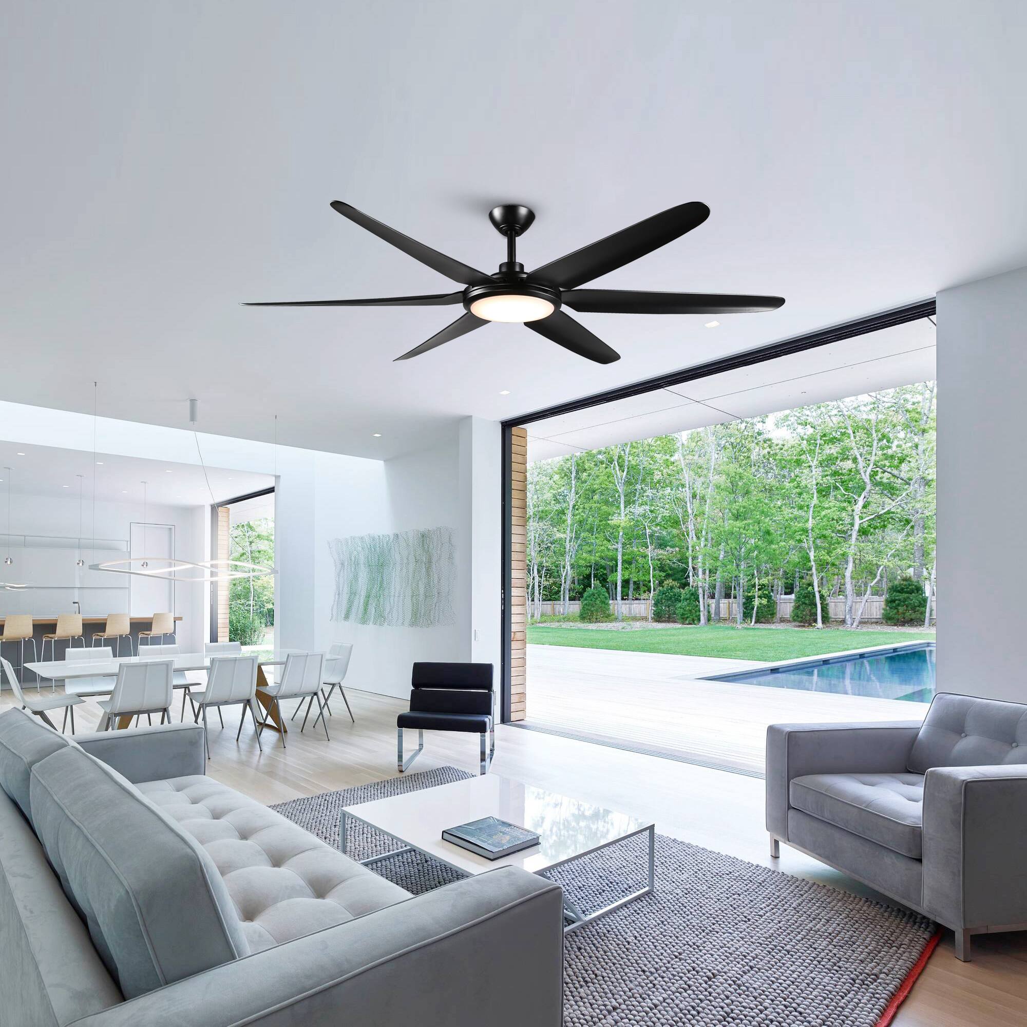 Back. Parrot Uncle - 65" Modern Black Large 6-blade LED Ceiling Fan with Light and Remote - Black.