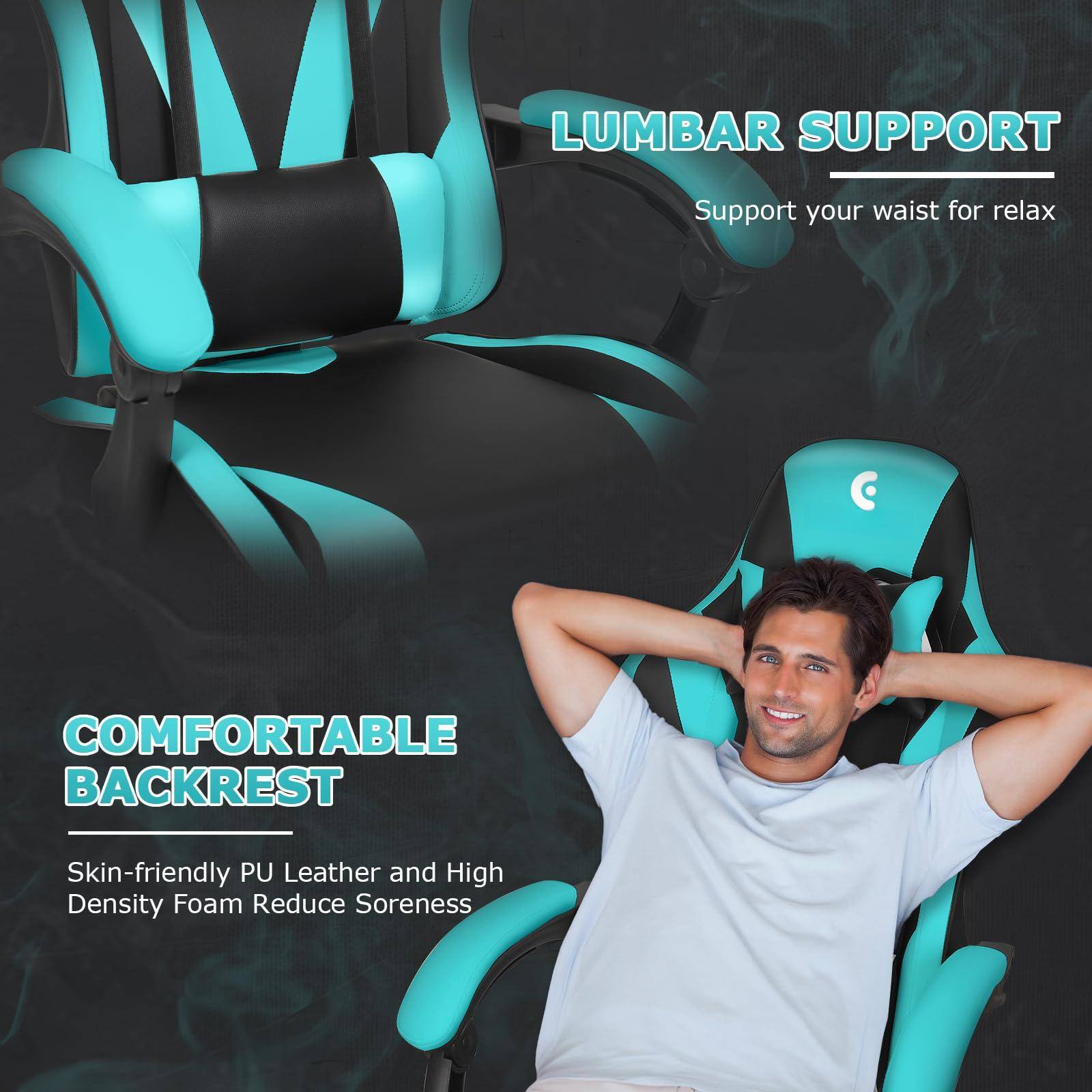 LUMBAR SUPPORT  
Support your waist for relax  

COMFORTABLE BACKREST  
Skin-friendly PU Leather and High Density Foam Reduce Soreness