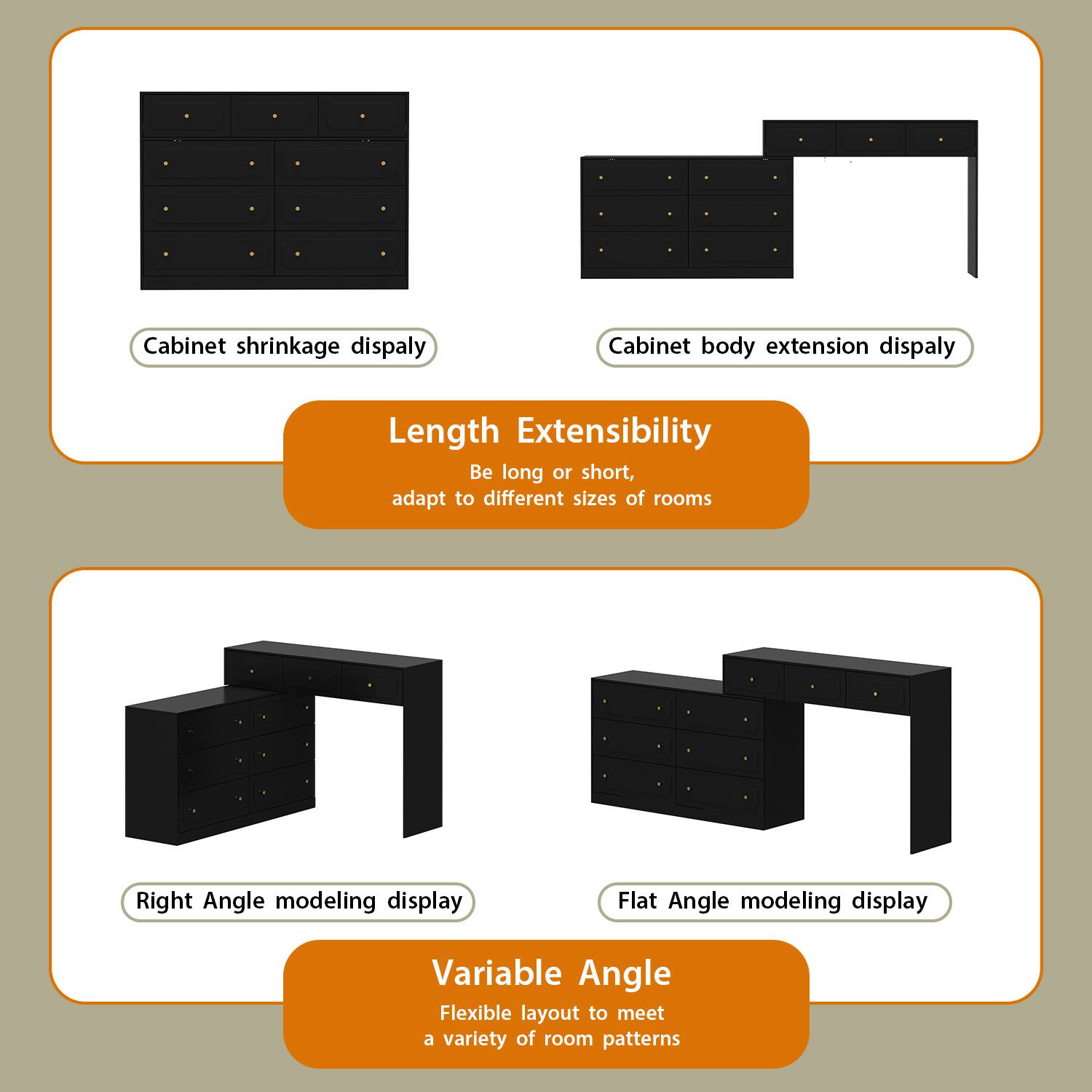 Cabinet shrinkage display, Cabinet body extension display, Length Extensibility, Be long or short, adapt to different sizes of rooms, Right Angle modeling display, Flat Angle modeling display, Variable Angle, Flexible layout to meet a variety of room patterns