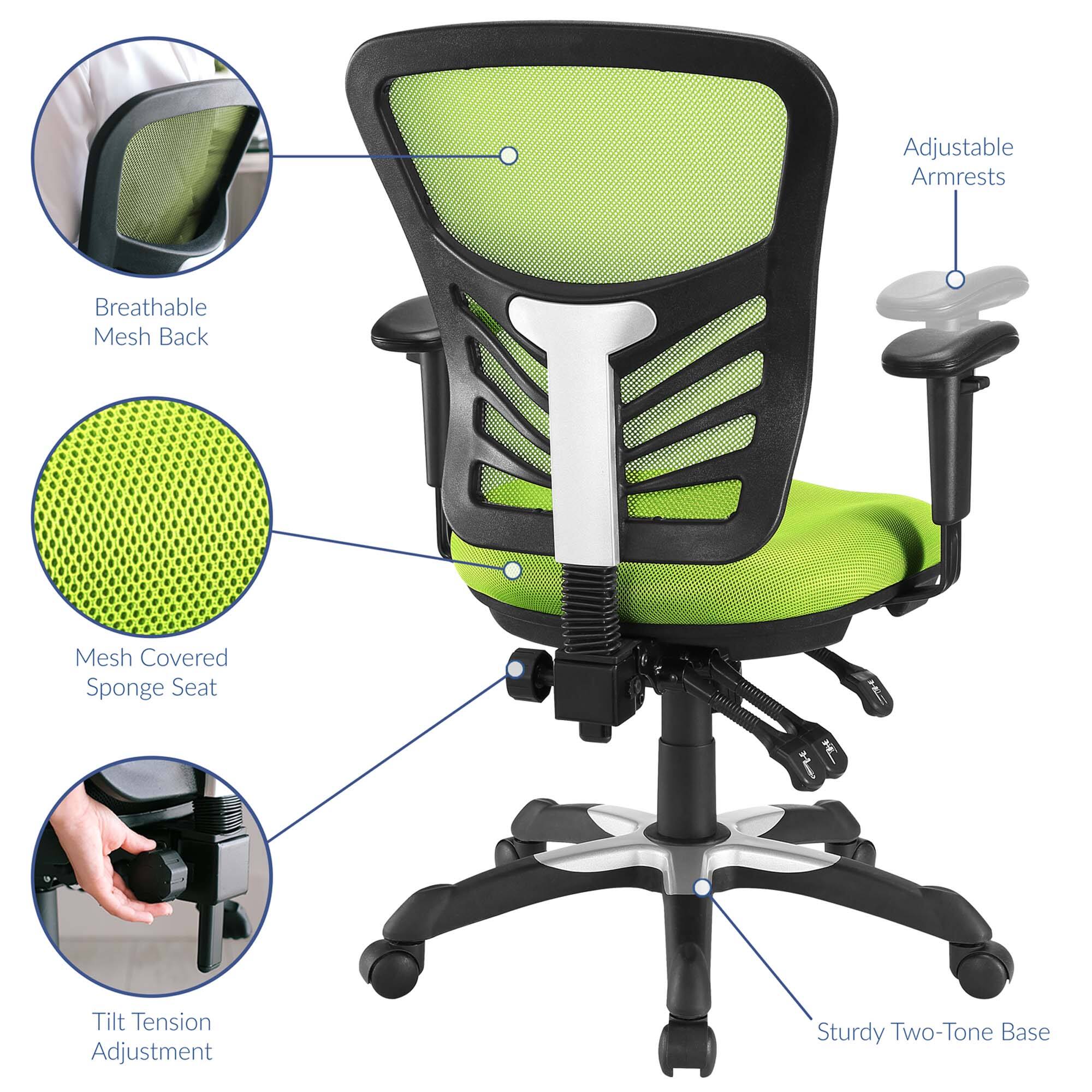 Adjustable Armrests  
Breathable Mesh Back  
Mesh Covered Sponge Seat  
Tilt Tension Adjustment  
Sturdy Two-Tone Base