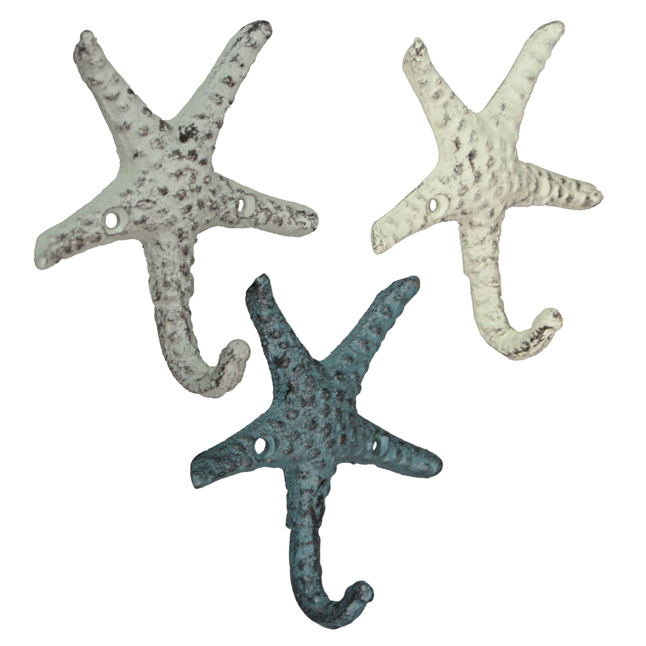 Alt View 3. Zeckos - Set of 3 Cast Iron Nautical Starfish Decorative Wall Hooks Hangers 4 Inches - Nautical.