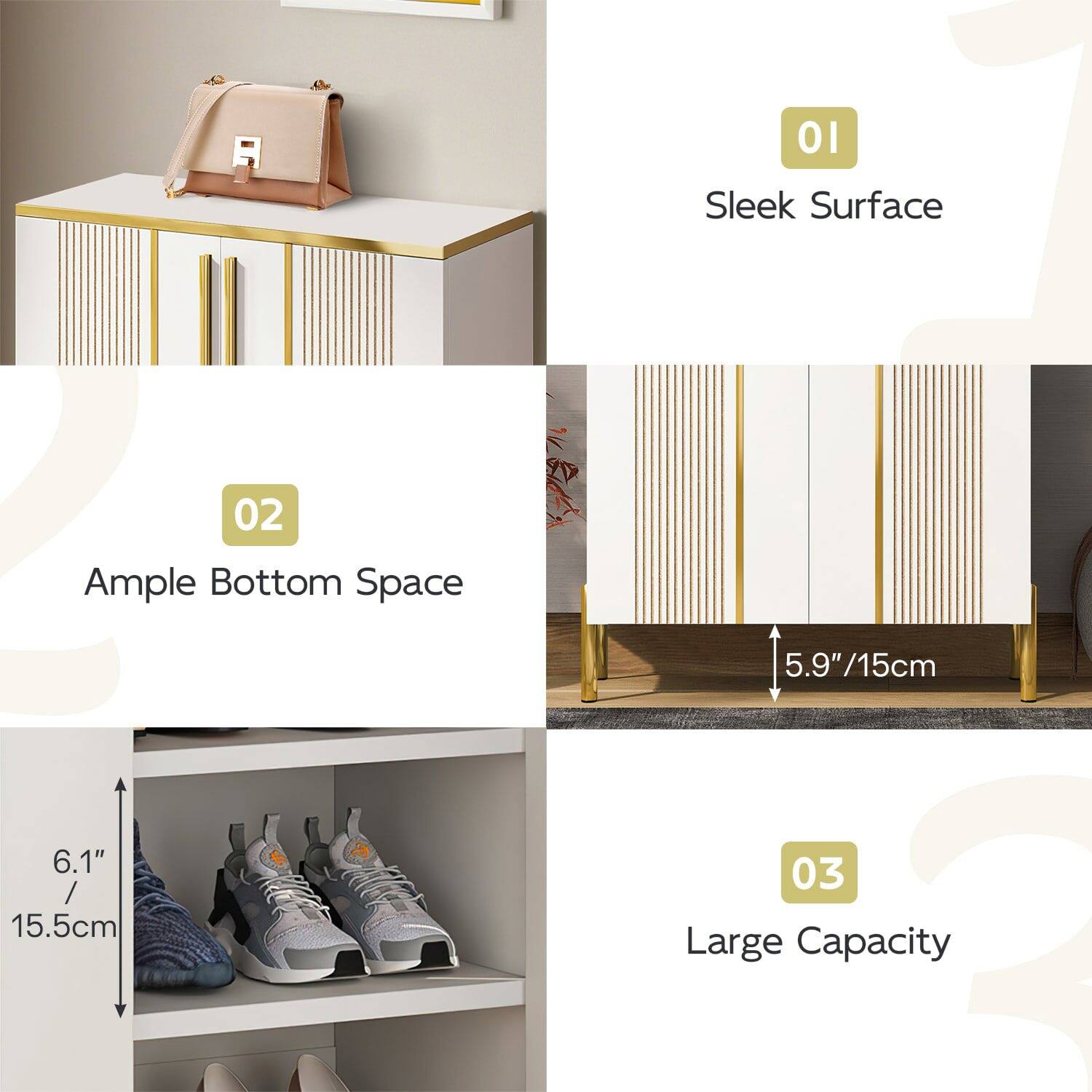 Sleek Surface 01, Ample Bottom Space 02, Large Capacity 03