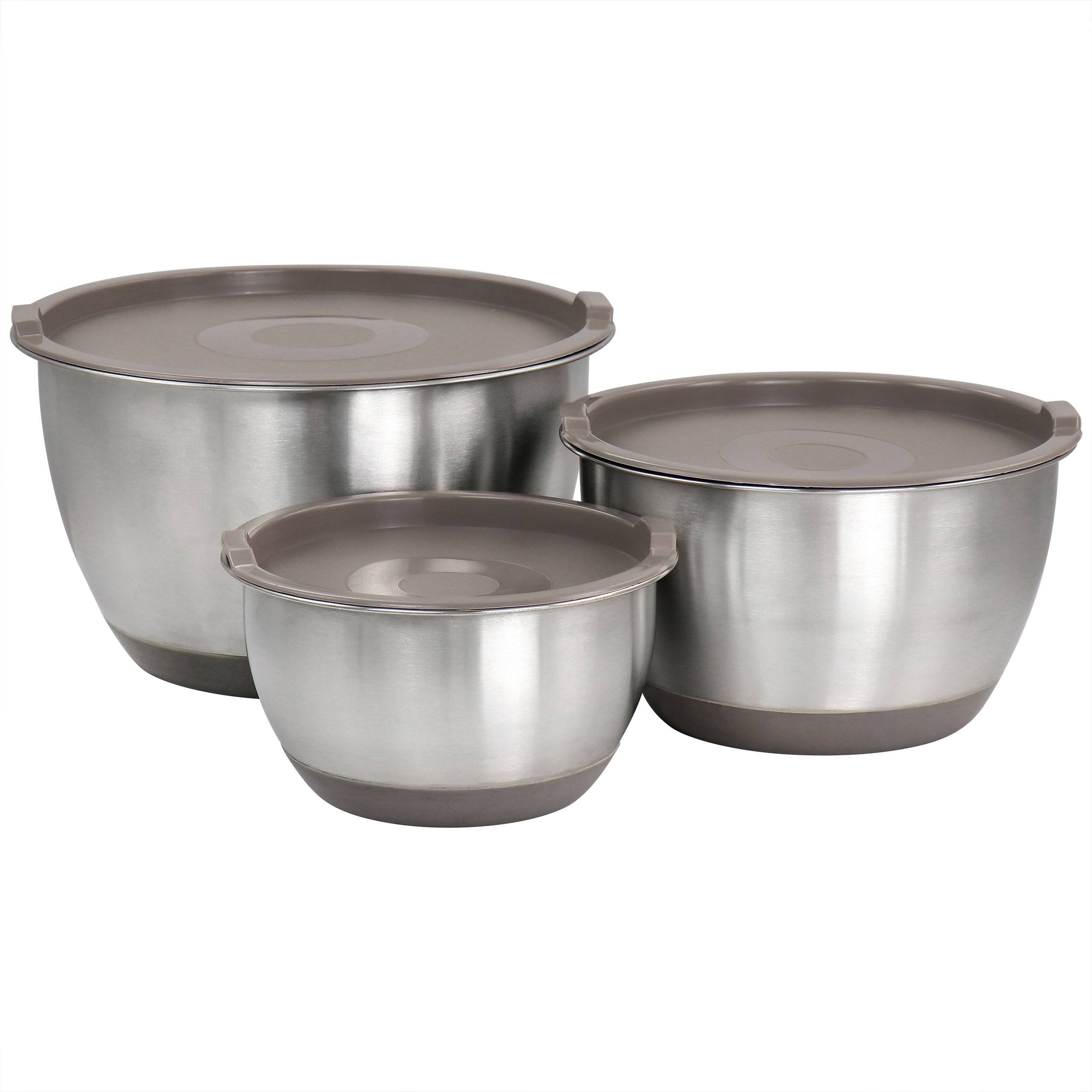 Front. Martha Stewart - Martha Stewart 3 Piece Stainless Steel Mixing Bowl Set with Lids in Taupe - Silver.