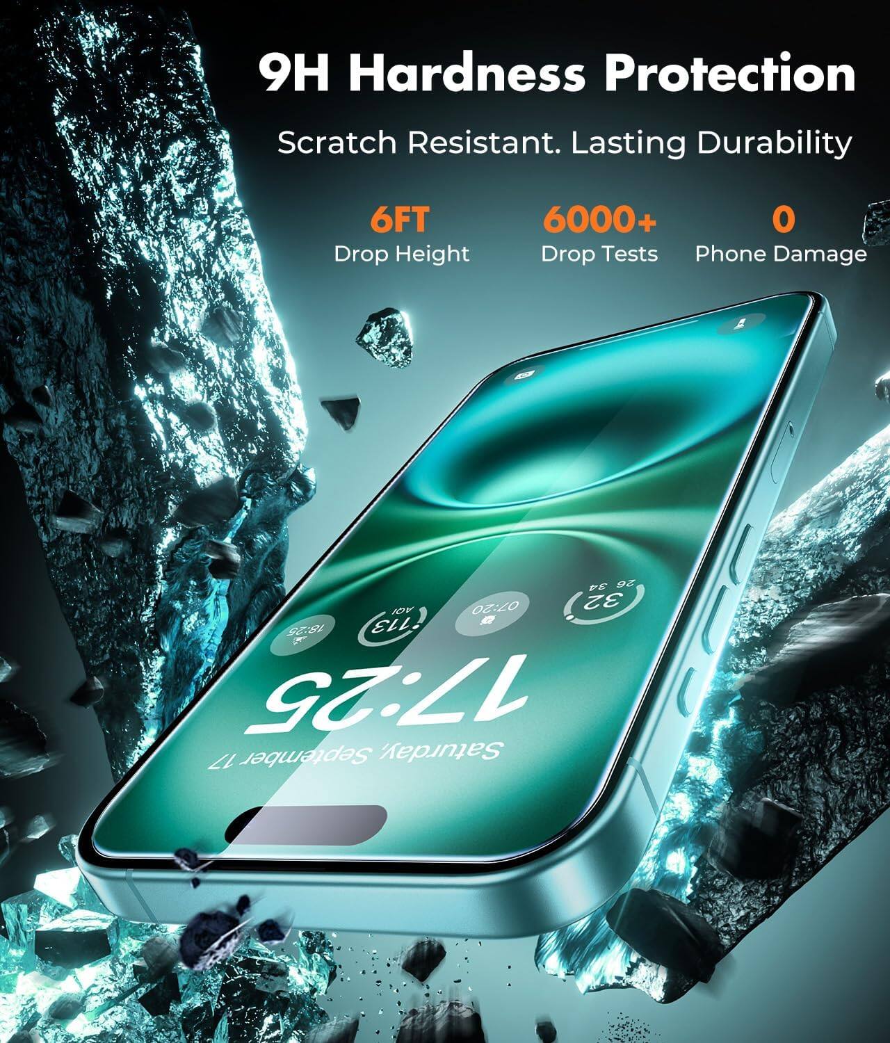 9H Hardness Protection  
Scratch Resistant. Lasting Durability  
6FT Drop Height  
6000+ Drop Tests  
0 Phone Damage  

34 26 AQI  
07:20  
32 113  
a  
18:25  
17:25  
17 September Saturday