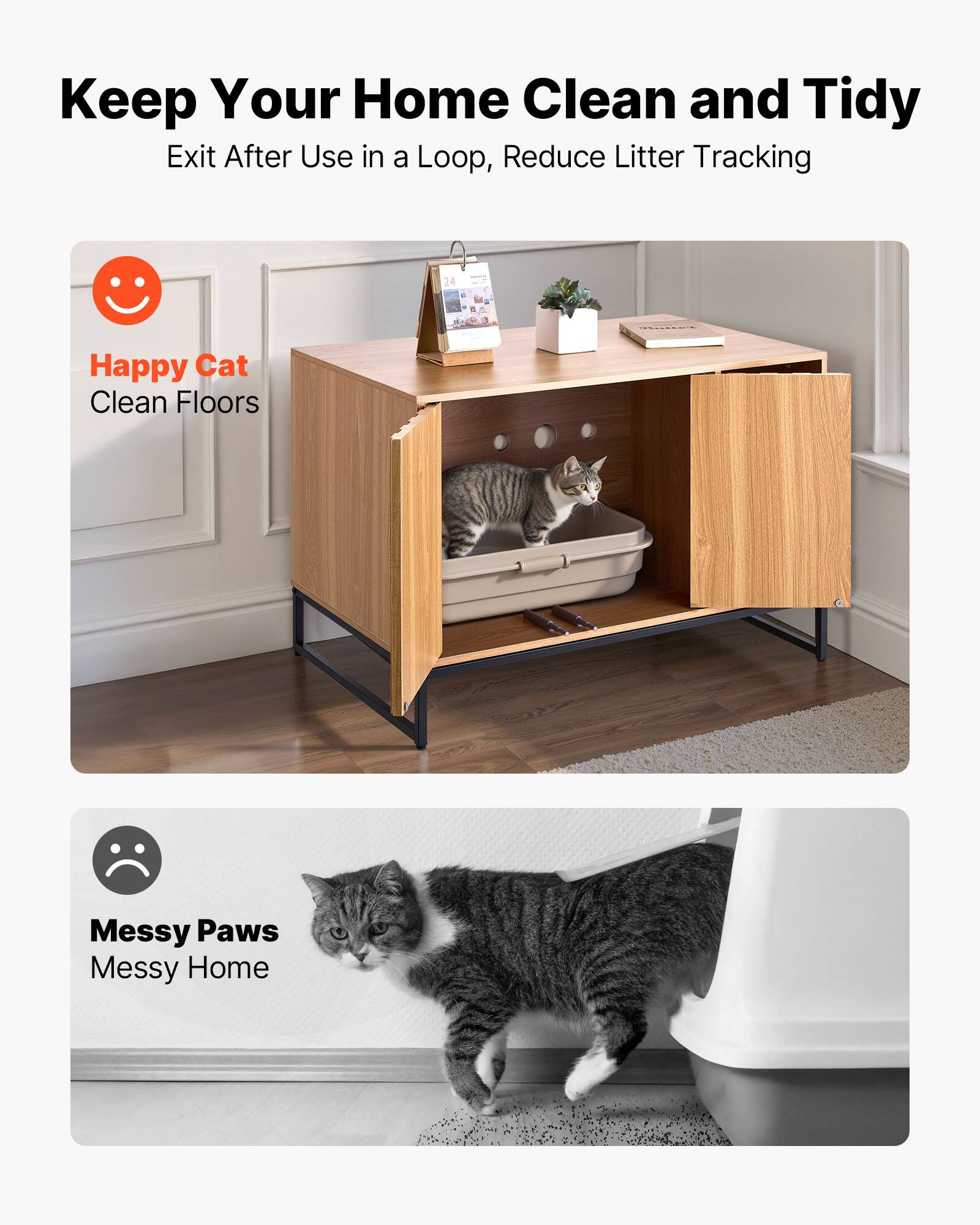 Keep Your Home Clean and Tidy  
Exit After Use in a Loop, Reduce Litter Tracking  

Happy Cat  
Clean Floors  

Messy Paws  
Messy Home