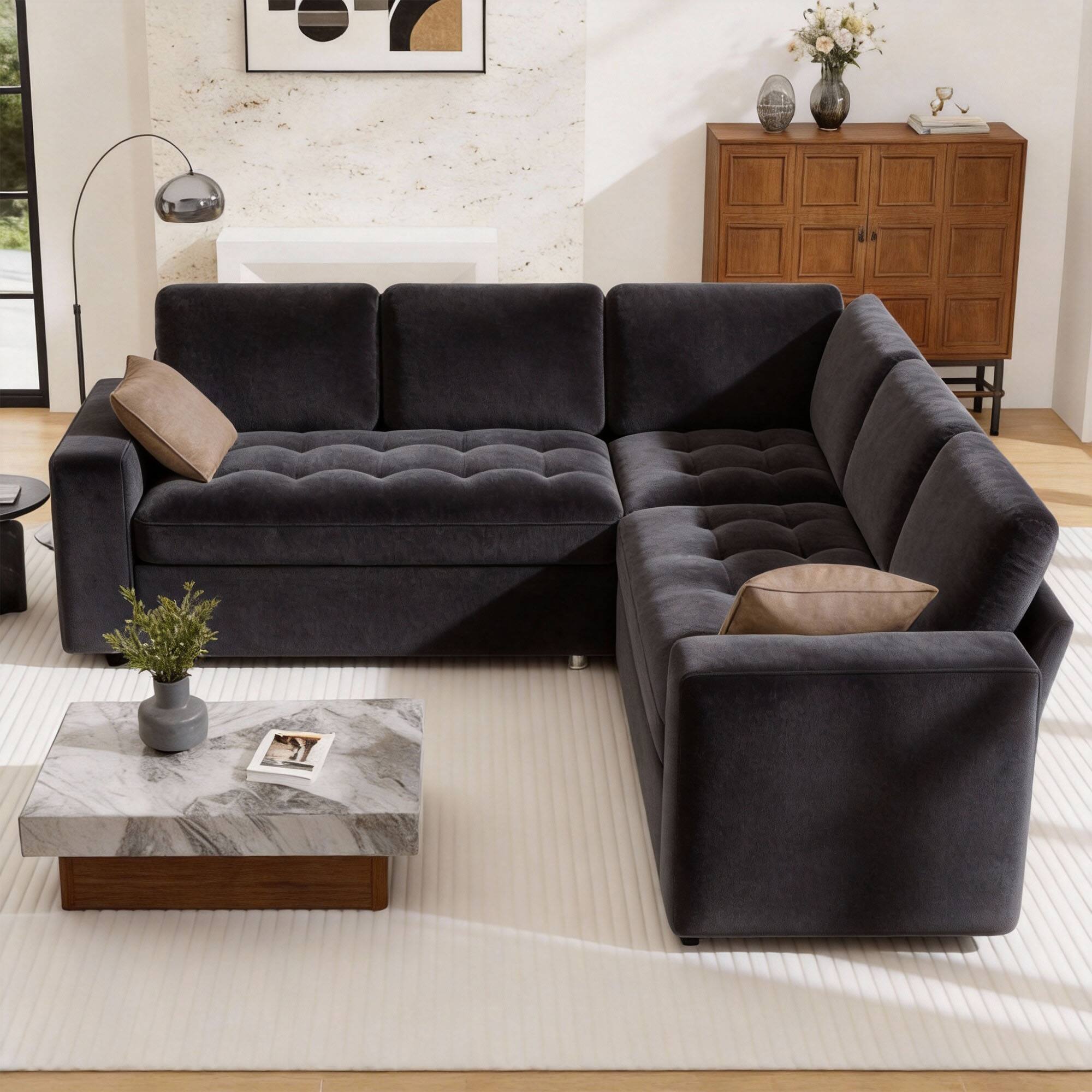 Angle. Vipbear - 5 Seat L Shaped Modular Sectional Sleeper Sofa Bed with Pull Out Bed/Reclining Backrest/USB Ports/Storage Seat - Black.