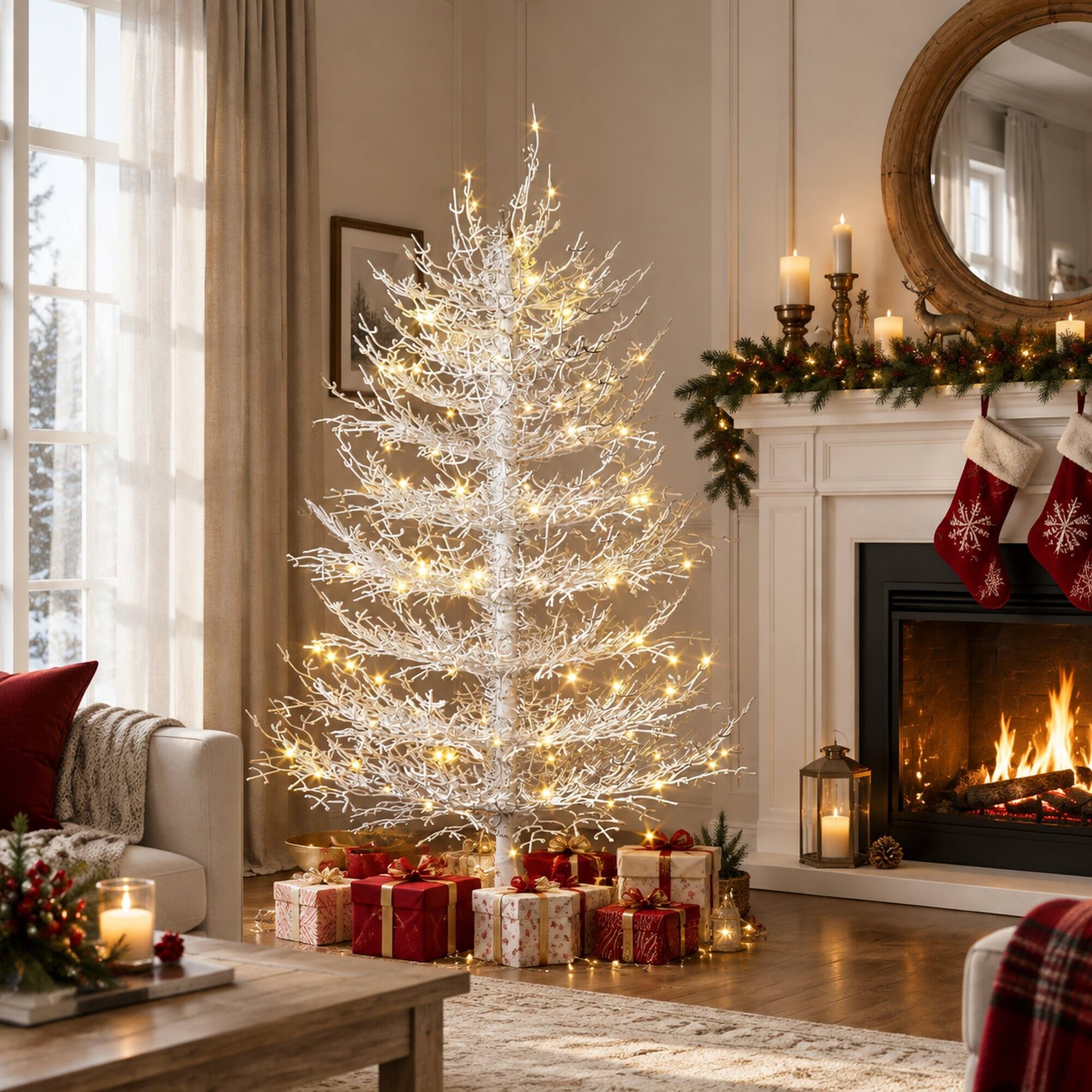 Angle. RYHNUYNE - 4 Ft Artificial Christmas Tree With 230 Warm White LED Lights, 280 Tips Hinged Branches Decor - White.