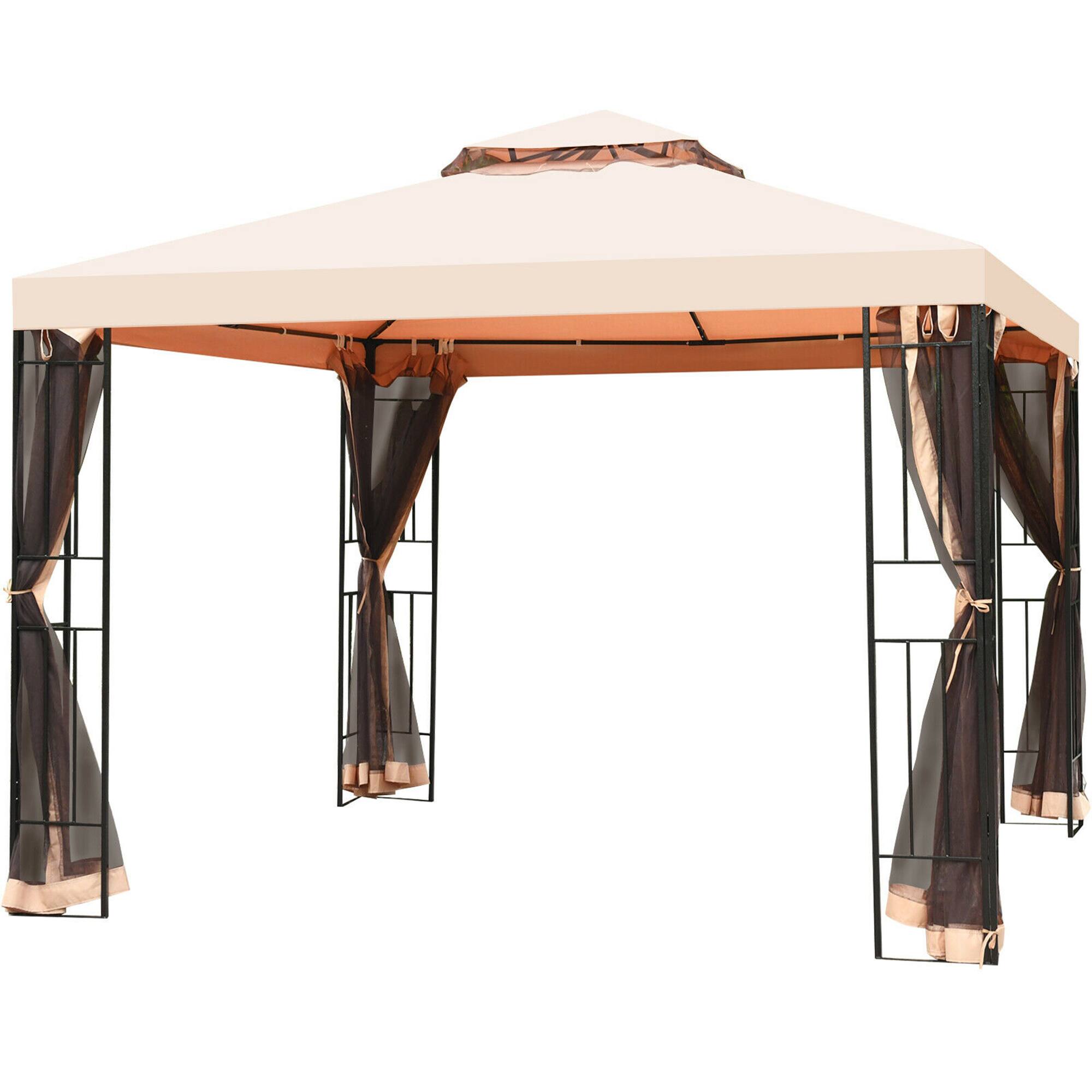 Front. Gymax - Gymax 10x10ft Metal Gazebo W/ Mosquito Netting Canopy Gazebo 2 Tier Vented Gazebo Top - Light brown.