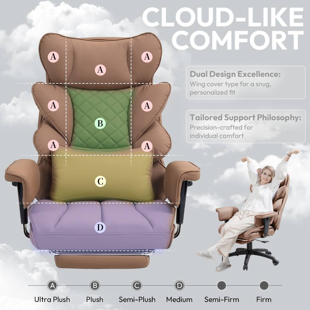 CLOUD-LIKE COMFORT

Dual Design Excellence: Wing cover type for a snug, personalized fit

Tailored Support Philosophy: Precision-crafted for individual comfort

A: Ultra Plush  
B: Plush  
C: Semi-Plush  
D: Medium  
E: Semi-Firm  
F: Firm