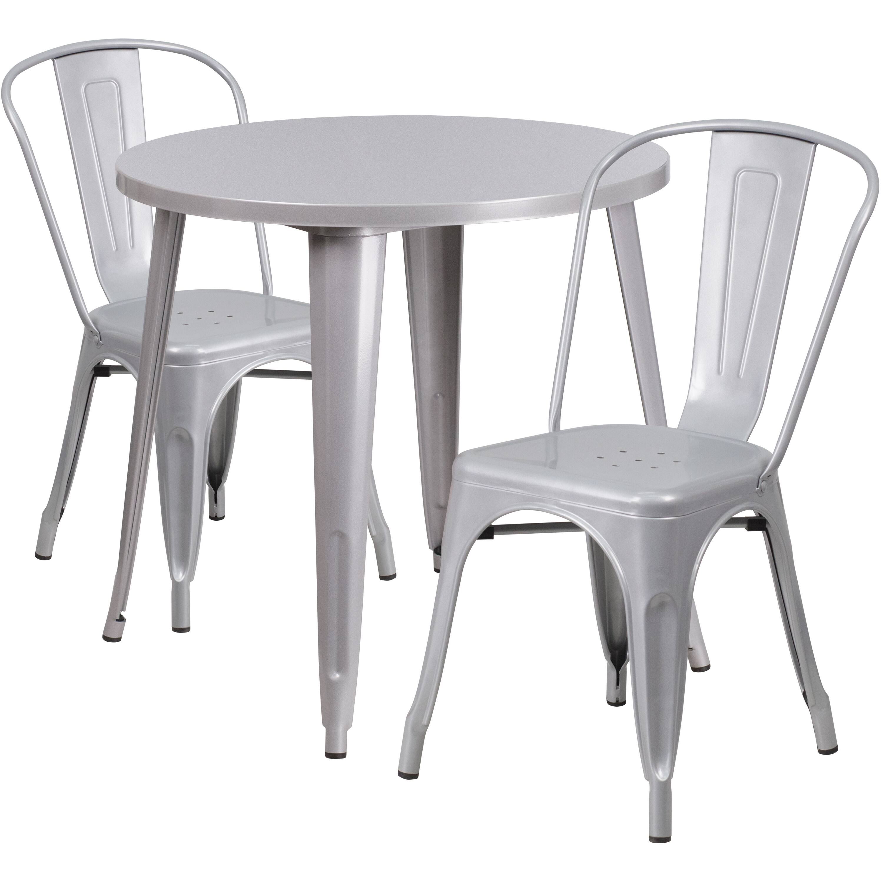 Alt View 1. Emma + Oliver - Commercial Grade 30" Round Metal Indoor-Outdoor Table Set with 2 Cafe Chairs - Silver.