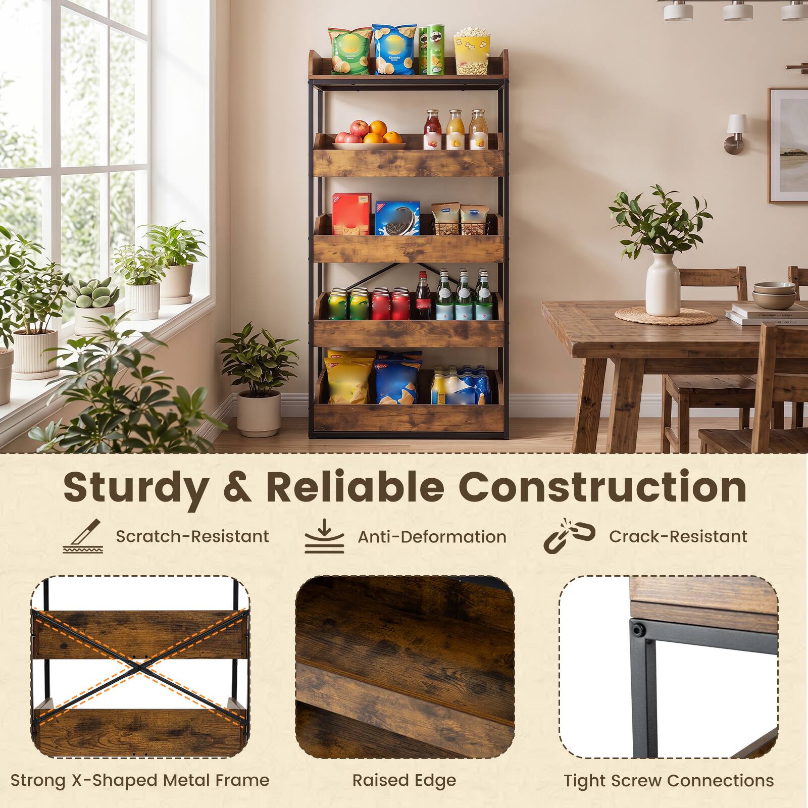 Sturdy & Reliable Construction  
Scratch-Resistant  
Anti-Deformation  
Crack-Resistant  
Strong X-Shaped Metal Frame  
Raised Edge  
Tight Screw Connections