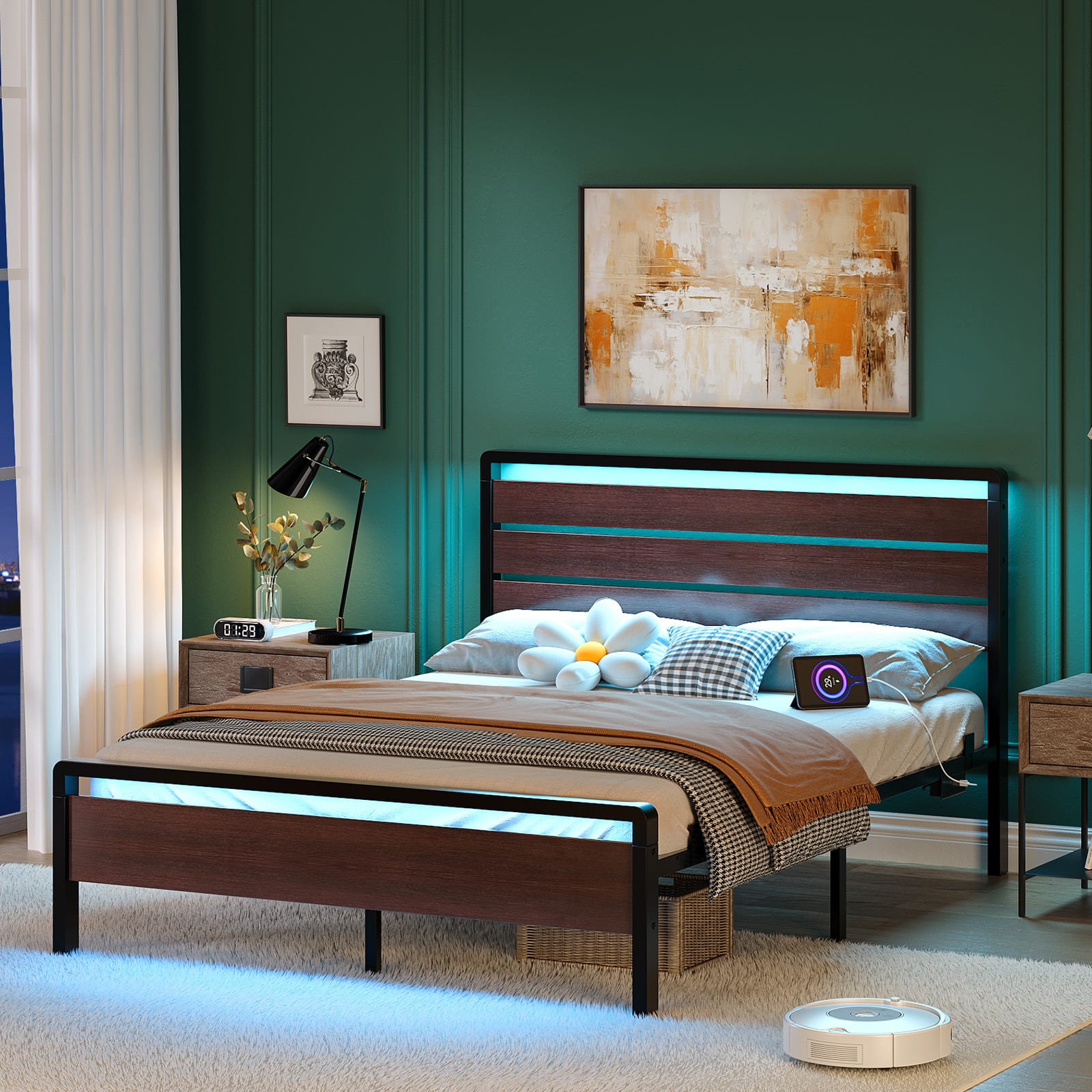 Winado - Full Size Platform Bed Frame with LED Headboard, USB Charging Station, Metal Panel Bed with 12" Under Bed Storage Space - Mahogany Brown