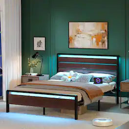 Winado - Full Size Platform Bed Frame with LED Headboard, USB Charging Station, Metal Panel Bed with 12" Under Bed Storage Space - Mahogany Brown