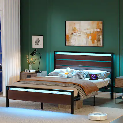 Front. Winado - Queen Size Platform Bed Frame with LED Headboard, USB Charging Station, Metal Panel Bed with 12" Under Bed Storage Space - Brown.