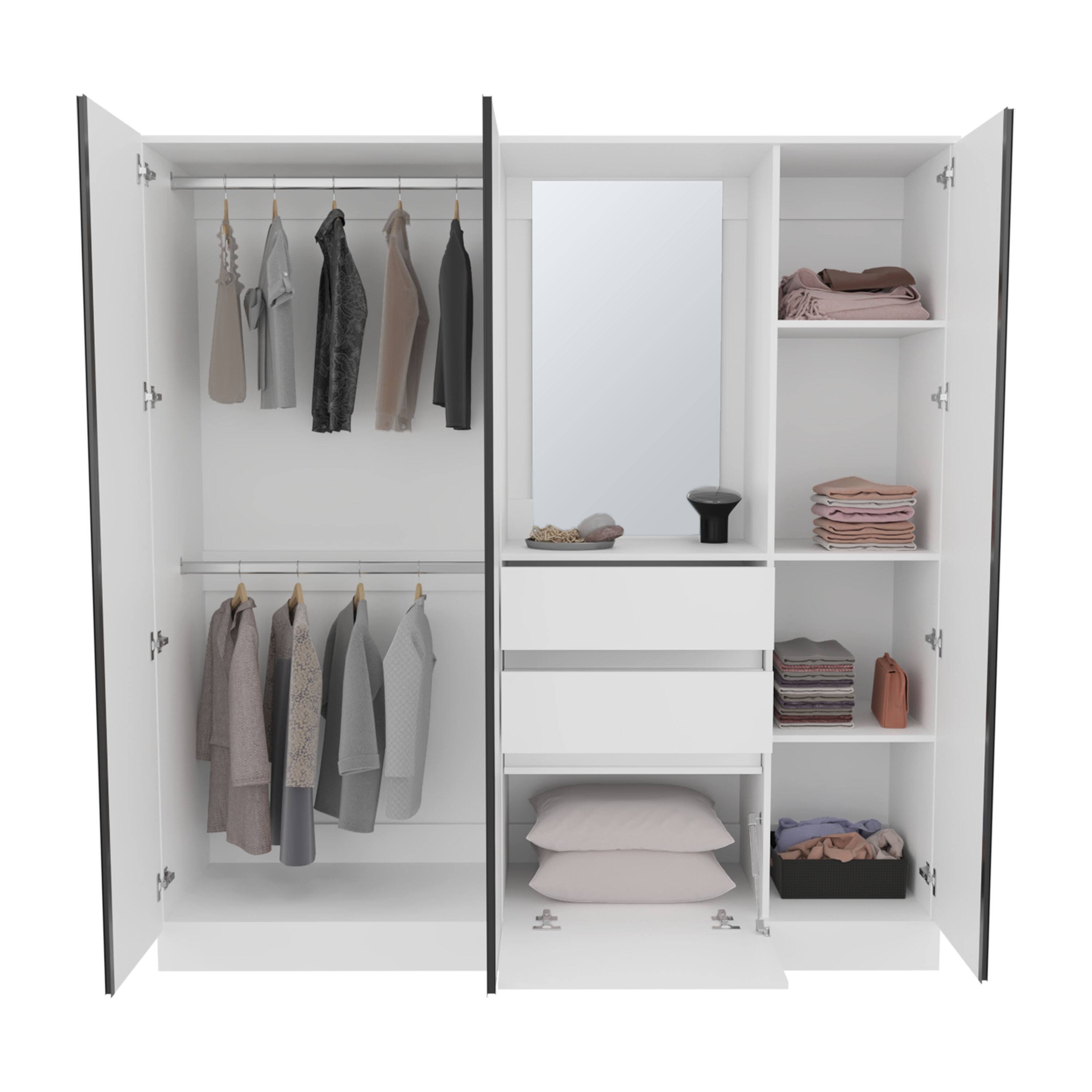 Angle. TuHome - Kamelot 1,80 Armoire With Double Doors, Hanging Rod And Interior Shelves - White.
