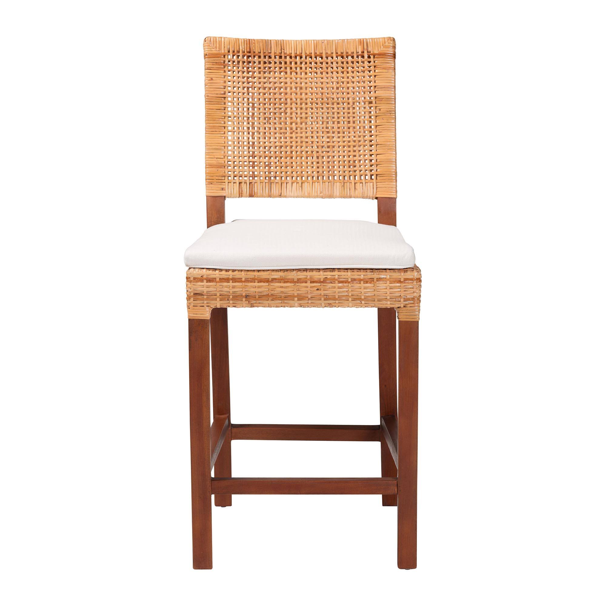 Angle. bali & pari - Lesia Natural Rattan Counter Stool with Cushion - Handwoven Wicker Stool with Mahogany Wood Frame - Light Honey/Walnut Brown.