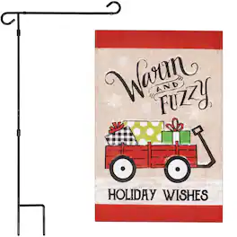 G128 - Combo Pack: Garden Flag Stand 36" x 16" with 12" x 18" Double-Sided Burlap Holiday Wagon Flag - Assorted Colors