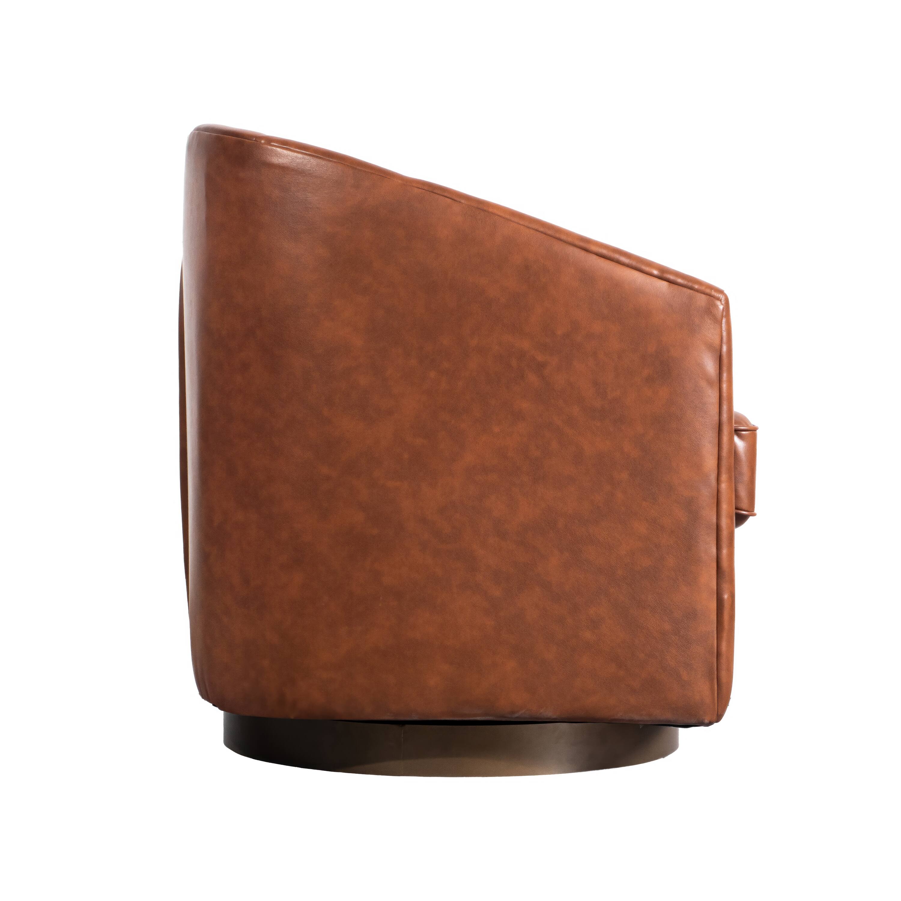 Alt View 8. Emma + Oliver - Della Club Style Barrel Accent Chair with 360 Degree Swivel Brushed Gold Vinyl Wrapped Base and Sloped Armrests - Brown Faux Leather.