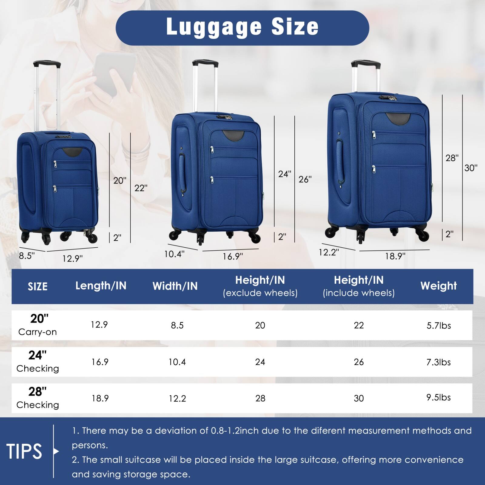 Luggage Size

| SIZE       | Length/IN | Width/IN | Height/IN (exclude wheels) | Height/IN (include wheels) | Weight |
|------------|-----------|----------|--------------------------|--------------------------|--------|
| 20" Carry-on | 12.9      | 8.5      | 20                       | 22                       | 5.7lbs |
| 24" Checking | 16.9      | 10.4     | 24                       | 26                       | 7.3lbs |
| 28" Checking | 18.9      | 12.2     | 28                       | 30                       | 9.5lbs |

TIPS
1. There may be a deviation of 0.8-1.2 inch due to the different measurement methods and persons.
2. The small suitcase will be placed inside the large suitcase, offering more convenience and saving storage space.