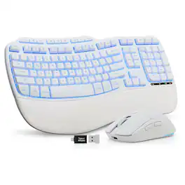 PRIMEPLUS - Wireless Keyboard and Mouse Combo, 4000mAh Rechargeable Backlit, Faux Lambskin Palm Rest, Wave Keys for Win/Mac/Chrome - White
