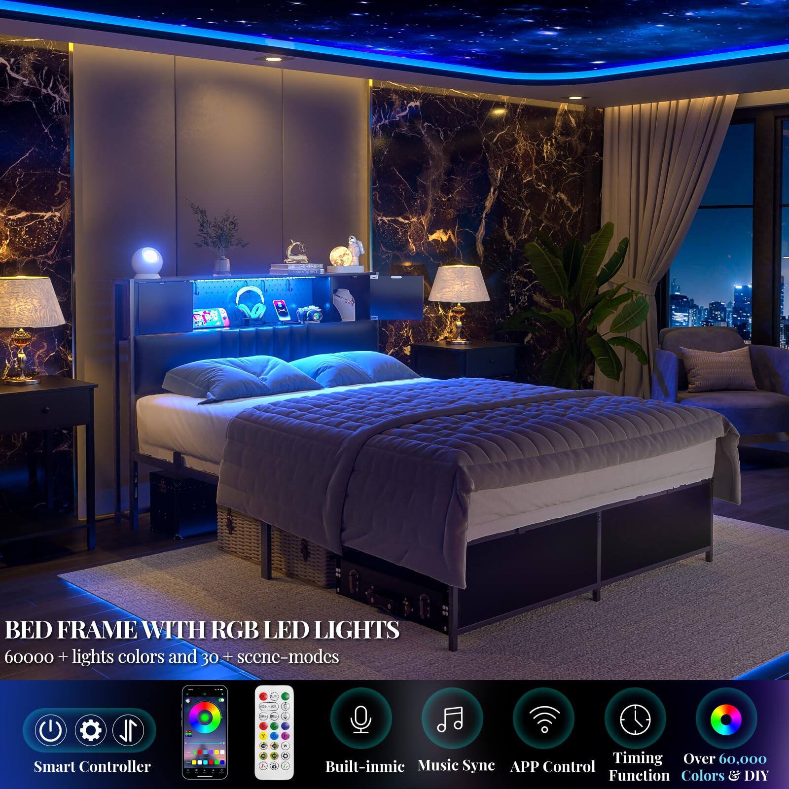 BED FRAME WITH RGB LED LIGHTS  
60000 + lights colors and 30 + scene-modes  
1 Smart Controller  
C - - - A - Built-in mic  
Music Sync  
APP Control  
Timing  
Over 60,000 Function Colors & DIY