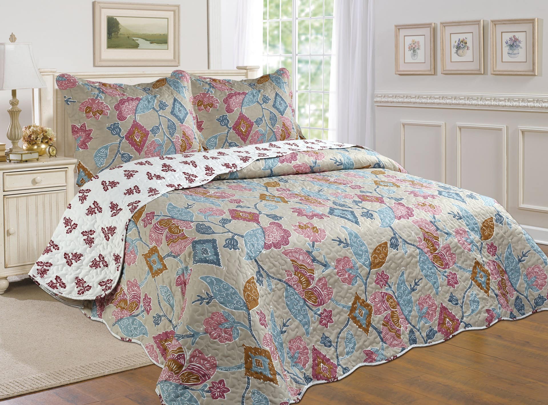 J&V TEXTILES- Traditional Reversible Quilt Set- Floral