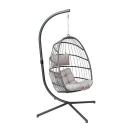 Emma + Oliver - Awen Foldable Hanging Egg Chair with Woven Finish, Removable Cushions, and Included Stand for Indoor and Outdoor Use - Gray