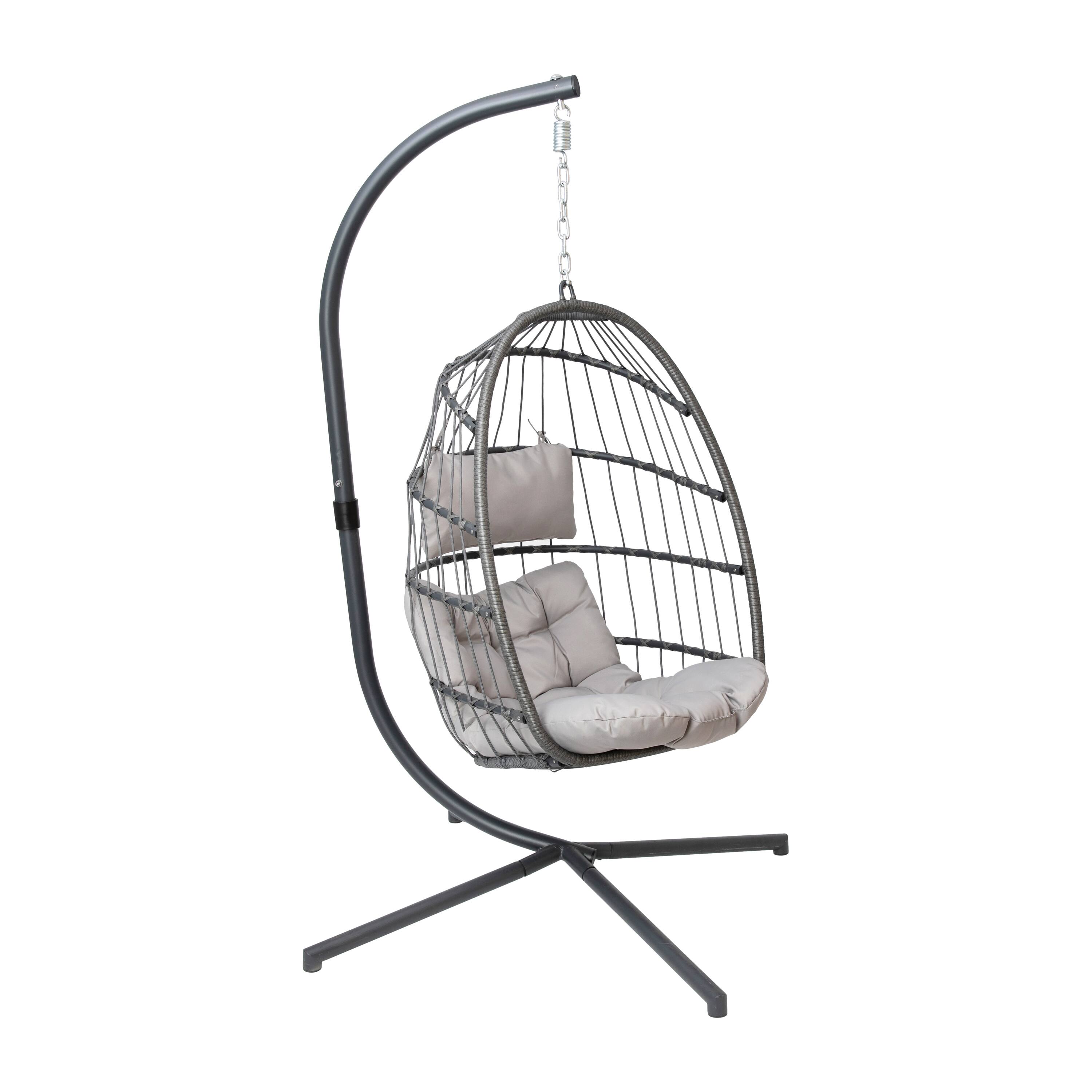Front. Emma + Oliver - Awen Foldable Hanging Egg Chair with Woven Finish, Removable Cushions, and Included Stand for Indoor and Outdoor Use - Gray.