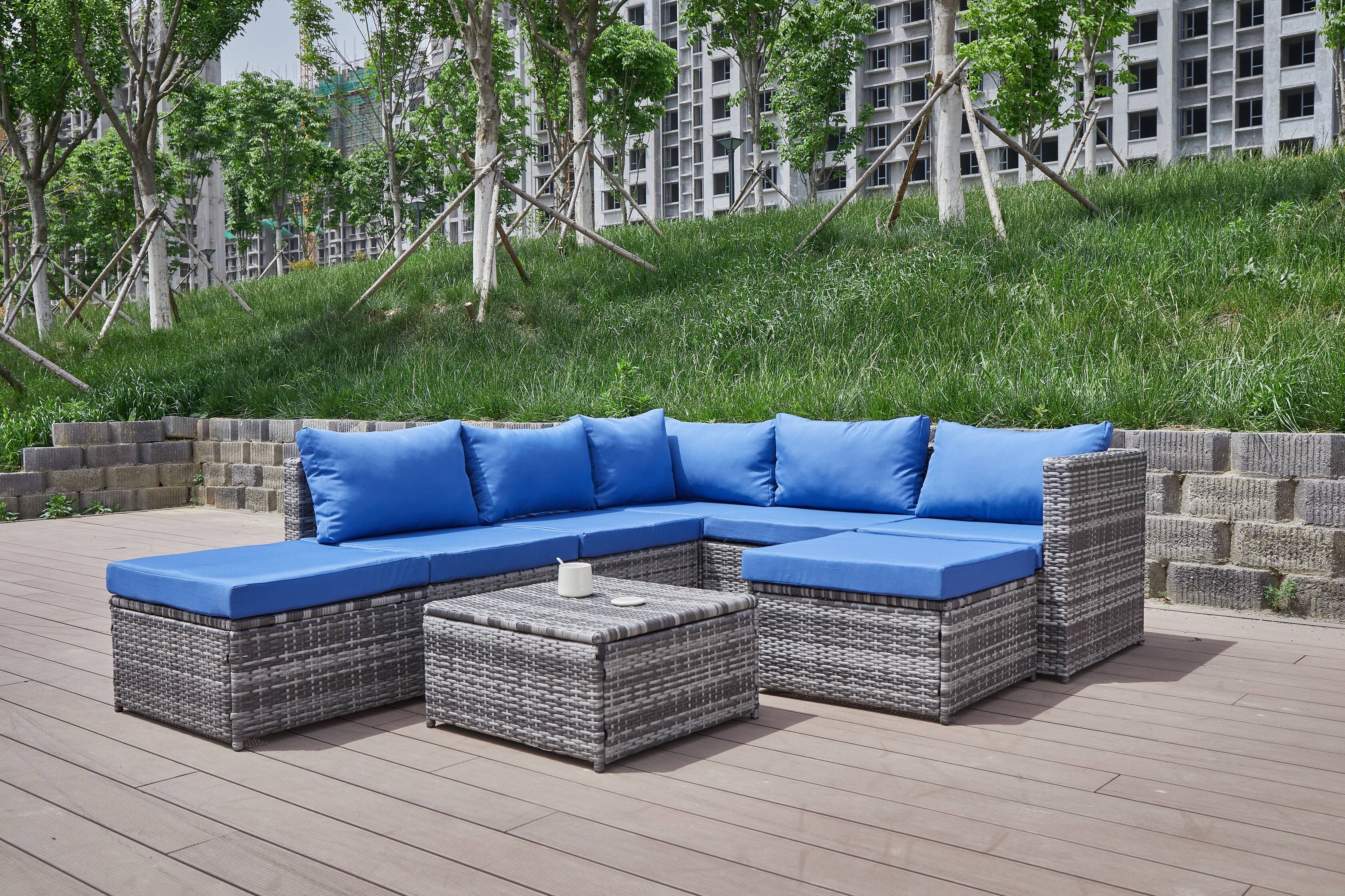 Alt View 8. Siljoy - Patio Sofa with Cushions - Blue+Grey.