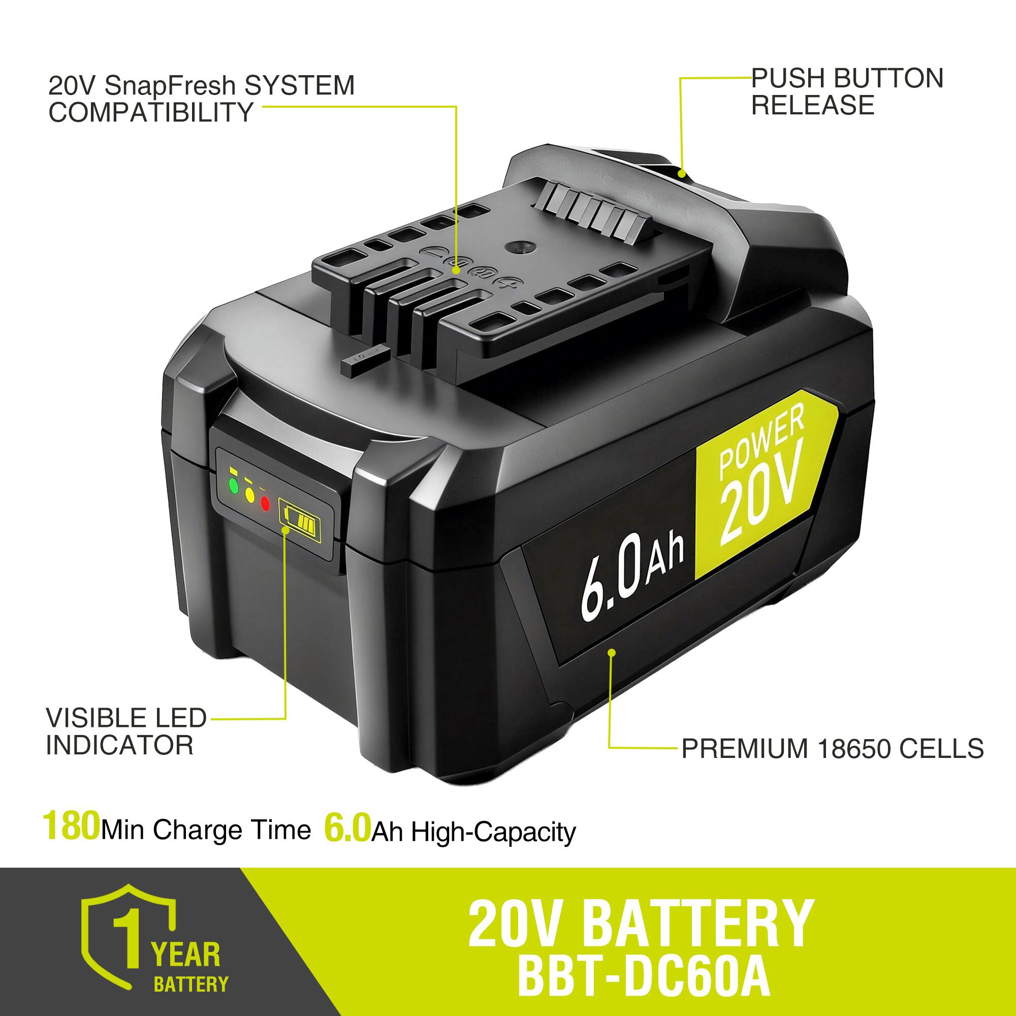 20V SnapFresh SYSTEM COMPATIBILITY  
PUSH BUTTON RELEASE  
CiaF LII POWER 20V 6.0Ah  
VISIBLE LED INDICATOR  
PREMIUM 18650 CELLS  
180Min Charge Time 6.0Ah High-Capacity  
1 YEAR BATTERY  
20V BATTERY BBT-DC60A