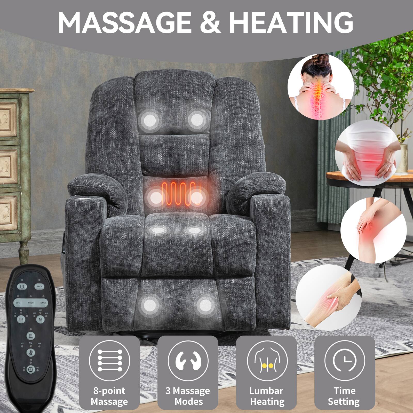 MASSAGE & HEATING

- 8-point Massage
- 3 Massage Modes
- Lumbar Heating
- Time Setting