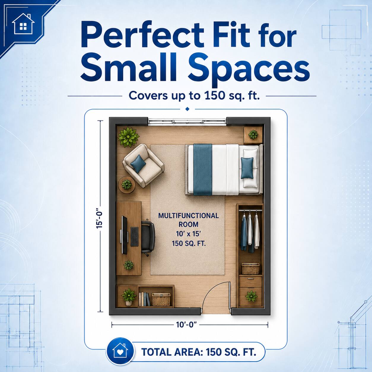 Perfect Fit for Small Spaces  
Covers up to 150 sq. ft.  

MULTIFUNCTIONAL ROOM  
10' X 15'  
150 SQ. FT.  

TOTAL AREA: 150 SQ. FT.