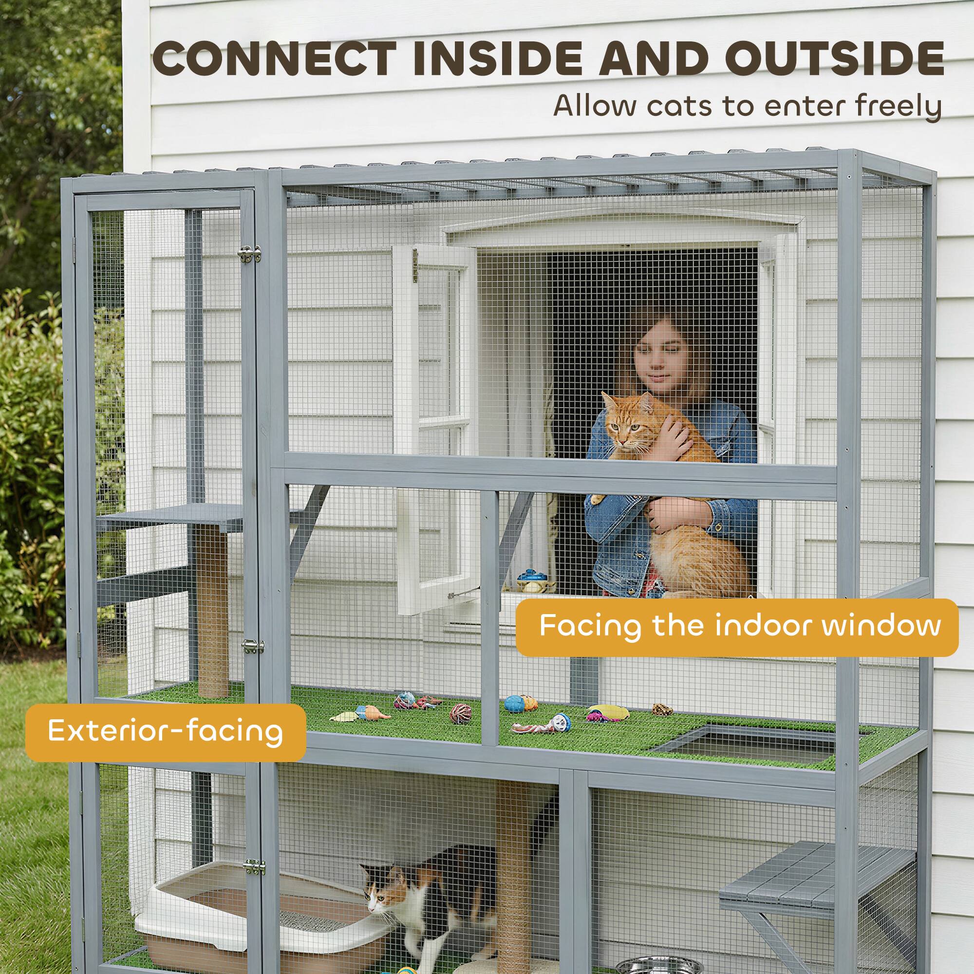 CONNECT INSIDE AND OUTSIDE  
Allow cats to enter freely  

Facing the indoor window  
Exterior-facing