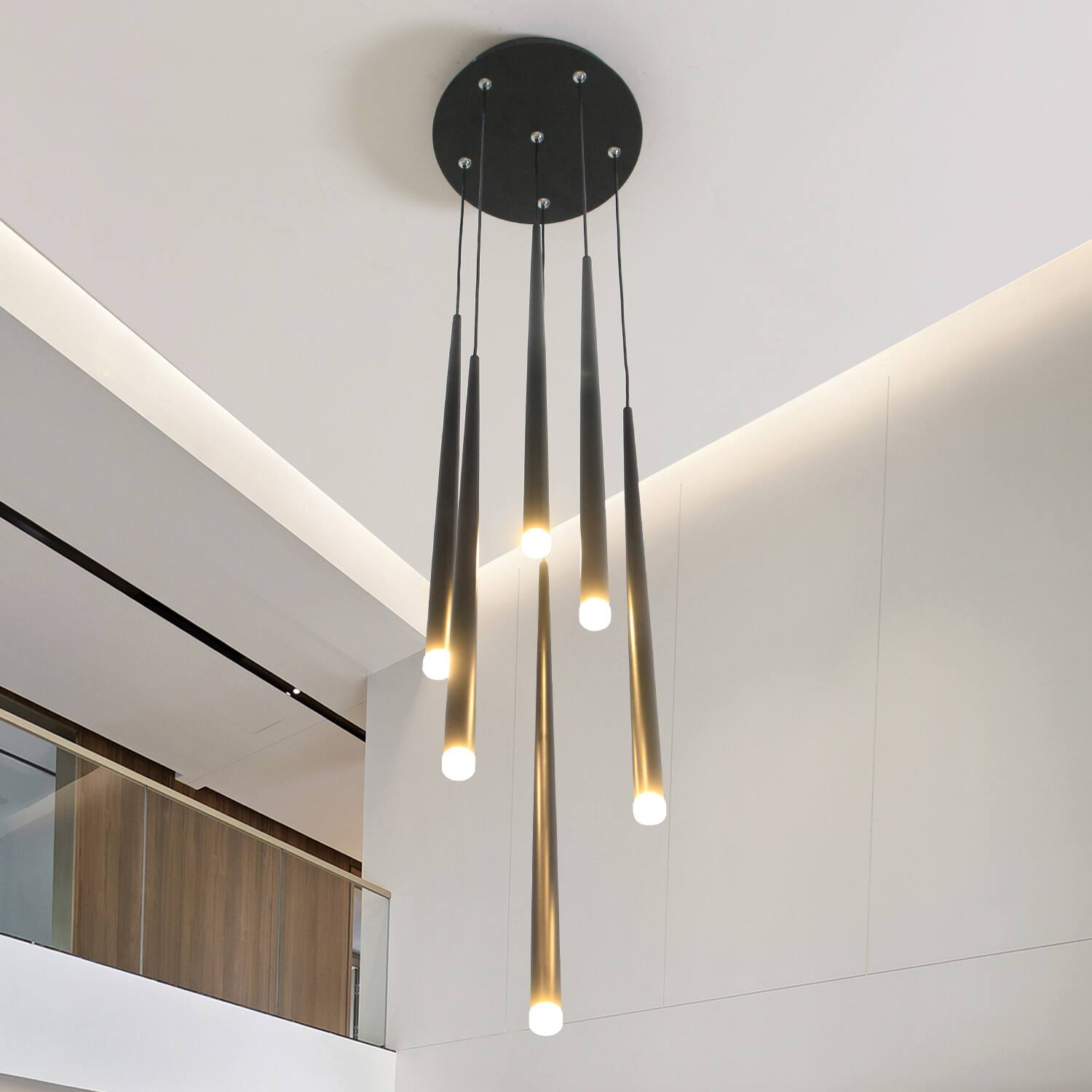 Alt View 2. Umeiluce - 6 - Light Cluster Cone LED Chandelier Pendant Kitchen Island Black Switch Dimming - Matte Black.